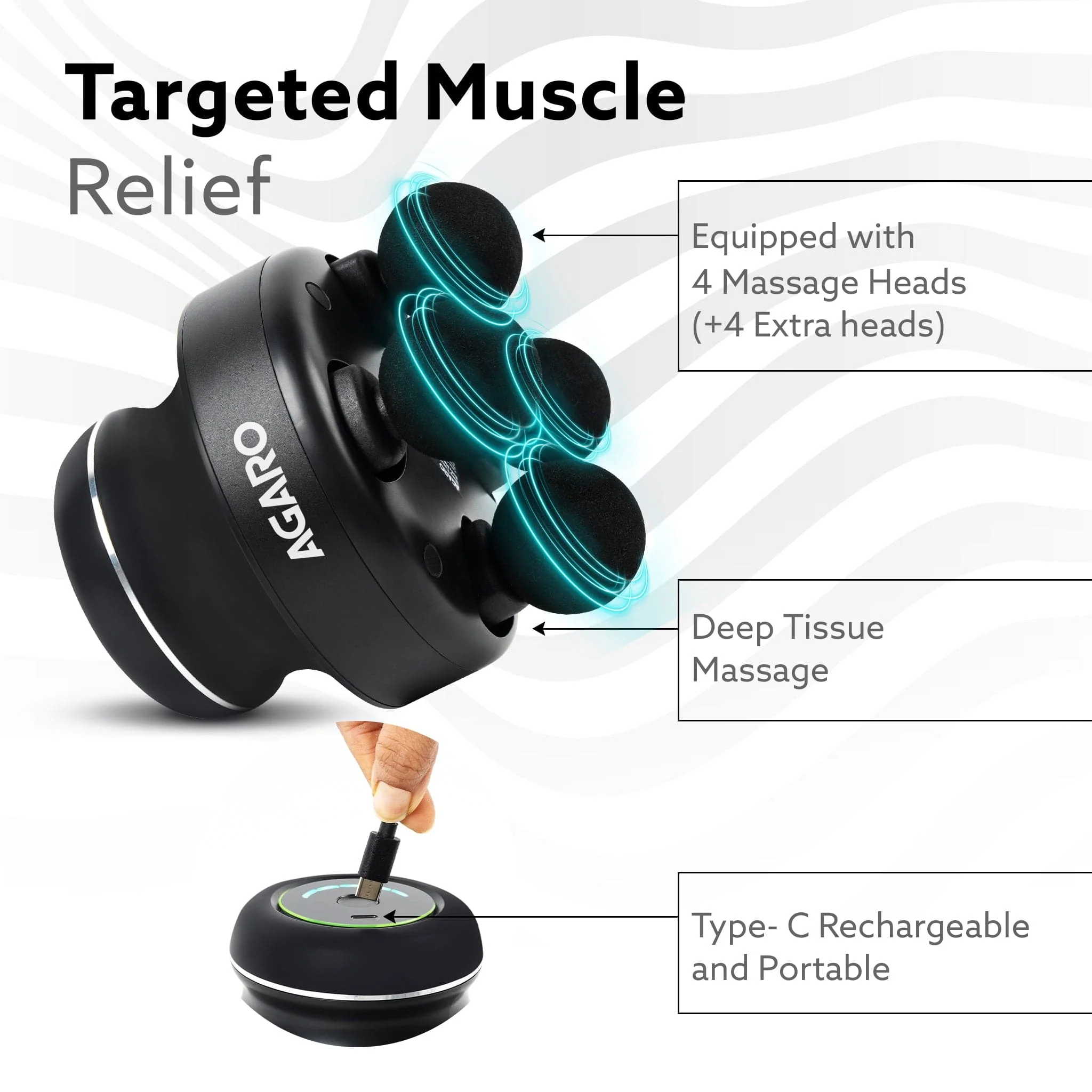 Royal Deep Tissue Body Massager with 4 Interchangeable Heads | Handheld Electric Vibration Massager for Neck, Back, Shoulder, Leg & Full Body Muscle Relief & Myofascial Release, Black - Image 5