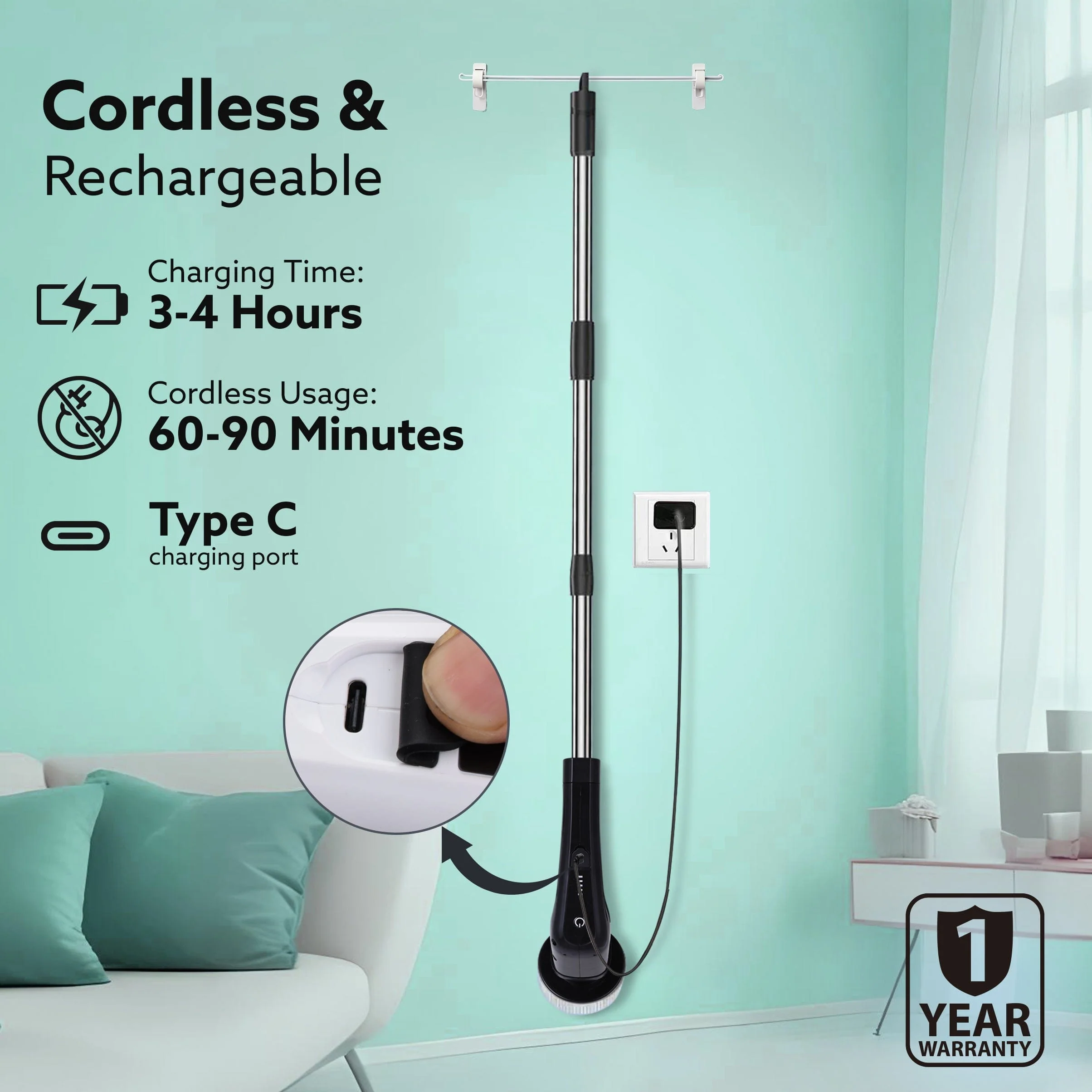 Royal Electric Spin Scrubber, Cleaning Brush Scrubber for Home, 400RPM/Mins-8 Replaceable Brush Heads-90Mins Work Time, 3 Adjustable Size, 2 Adjustable Speeds - Image 4
