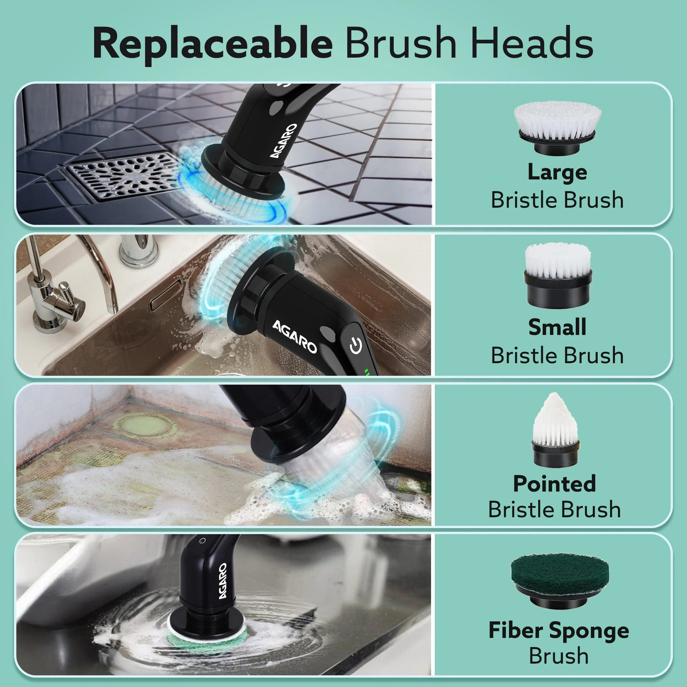 Royal Electric Spin Scrubber, Cleaning Brush Scrubber for Home, 400RPM/Mins-8 Replaceable Brush Heads-90Mins Work Time, 3 Adjustable Size, 2 Adjustable Speeds - Image 5