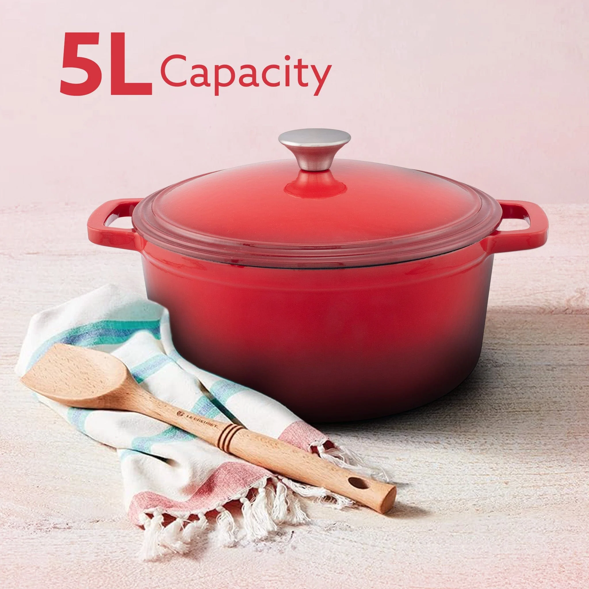 Royal Enamelled Cast Iron 5L Casserole with Lid, Cooking Pot, No Chemical Coating, Fast Heat, Heavy Weight, Gas & Induction Oven Compatible, for Meat, Dal, Curry, Biryani, Pulao, Red - Image 2