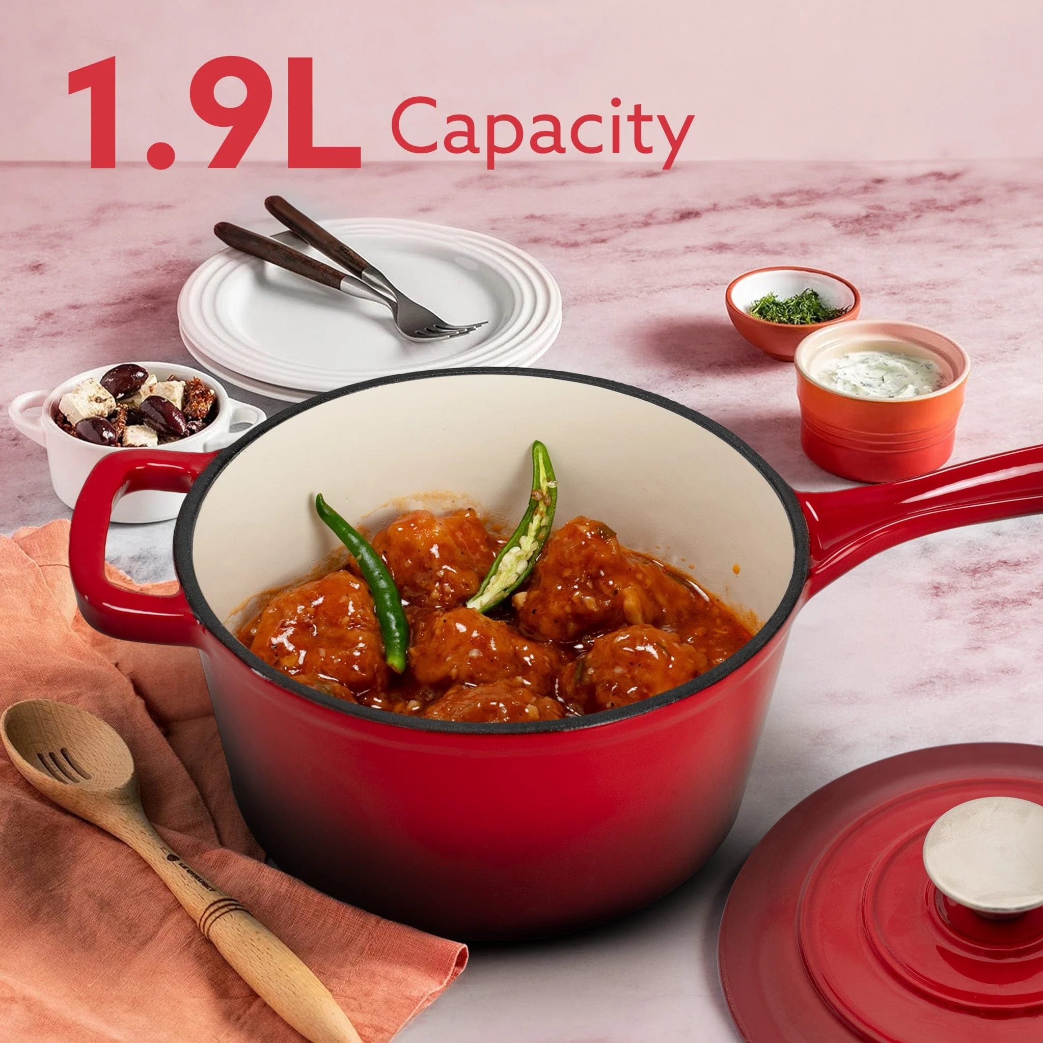 Royal Enamelled Cast Iron Sauce Pan with Lid, 19 Cm Diameter, 1.9 Liter Capacity, No Chemical Coating, Heavy Bottom, Fast Heating, Gas & Induction Oven Compatible, Milk/Tea Pan, Boiling, Red - Image 2