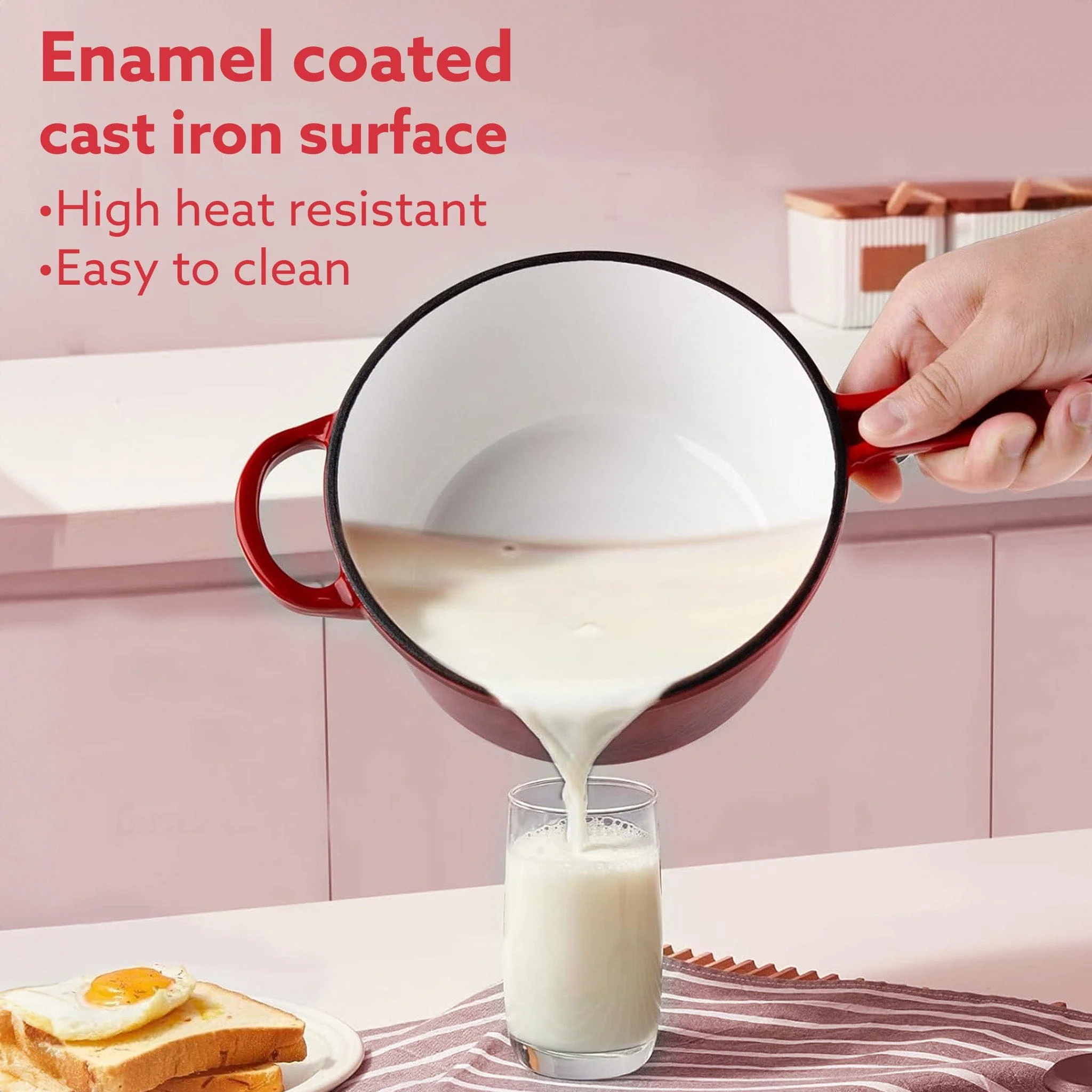 Royal Enamelled Cast Iron Sauce Pan with Lid, 19 Cm Diameter, 1.9 Liter Capacity, No Chemical Coating, Heavy Bottom, Fast Heating, Gas & Induction Oven Compatible, Milk/Tea Pan, Boiling, Red - Image 3