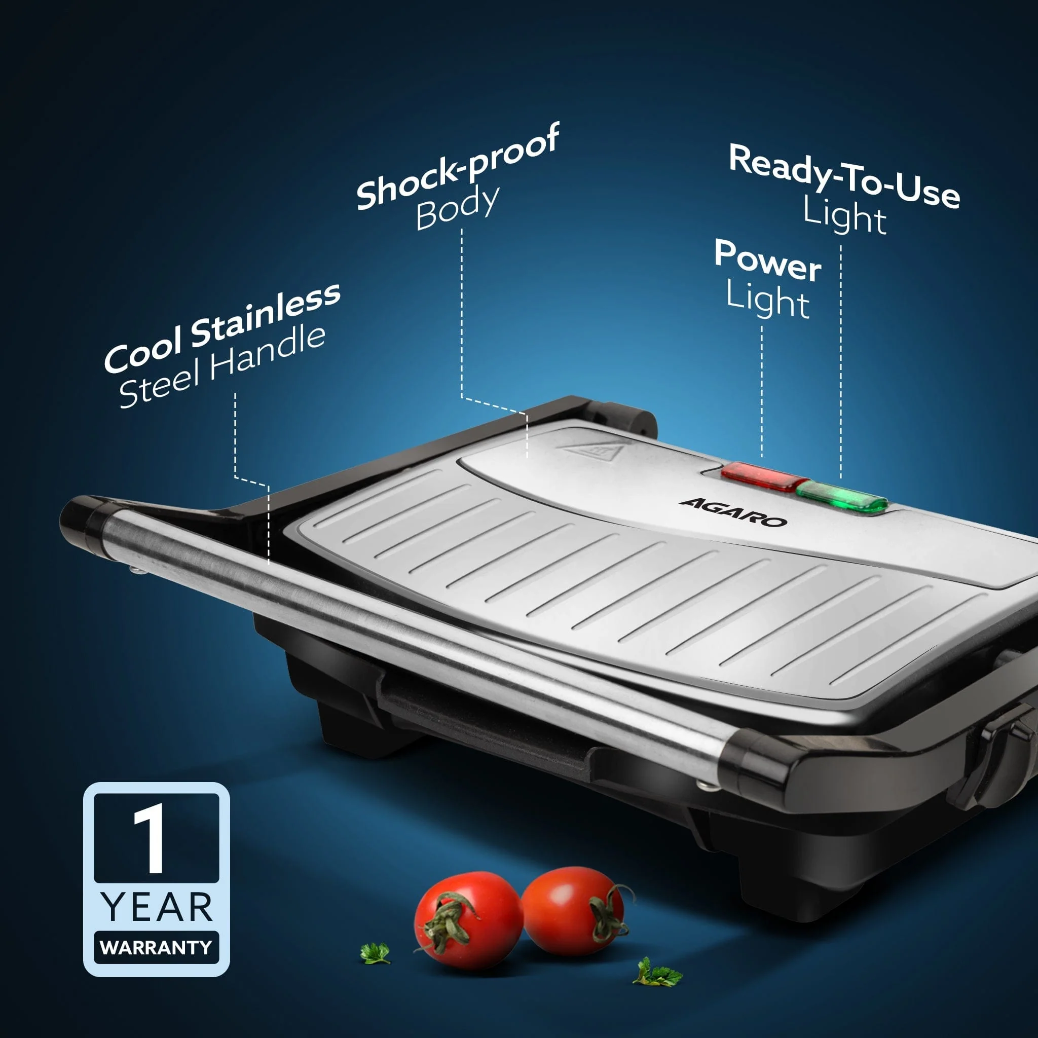 Royal Grill Sandwich Maker, Non Stick Coated Grill Plates, Stainless Steel Body, Oil Collector Tray, 1000W, 90 Degrees Floating Hinges, Panini/Grill/Toast (Black) - Image 10