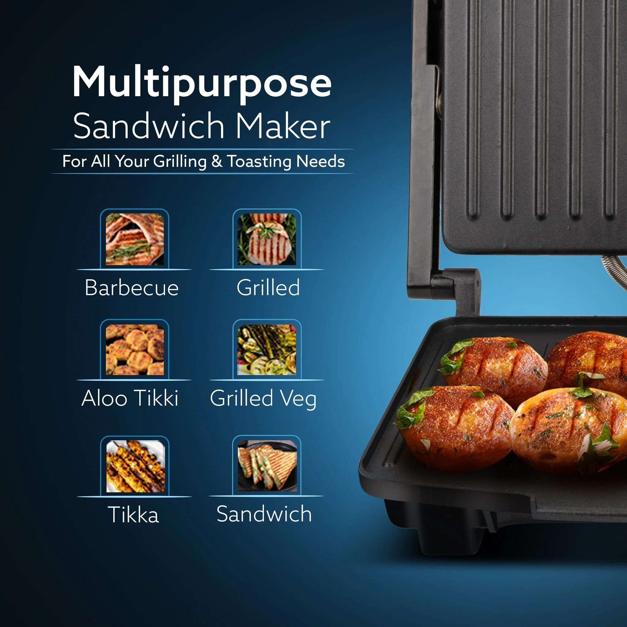 Royal Grill Sandwich Maker, Non Stick Coated Grill Plates, Stainless Steel Body, Oil Collector Tray, 1000W, 90 Degrees Floating Hinges, Panini/Grill/Toast (Black) - Image 13