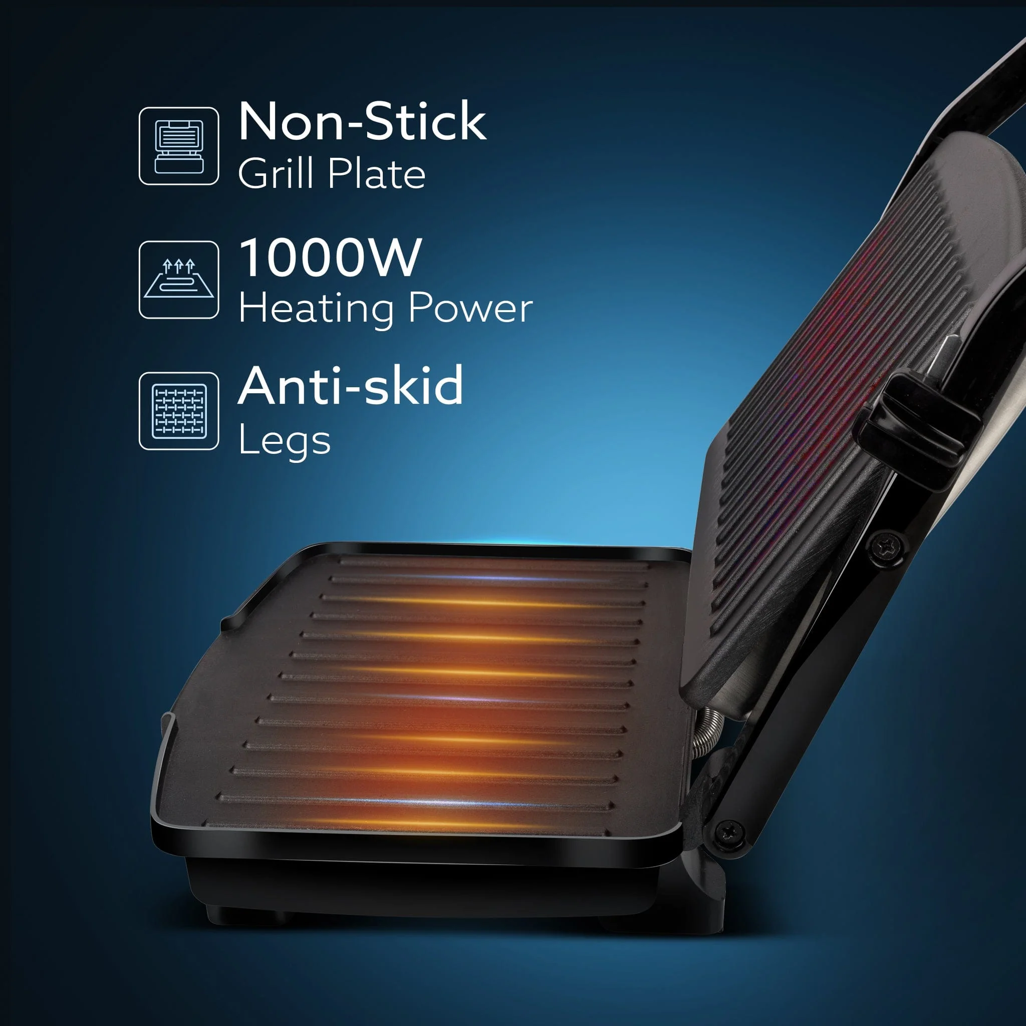 Royal Grill Sandwich Maker, Non Stick Coated Grill Plates, Stainless Steel Body, Oil Collector Tray, 1000W, 90 Degrees Floating Hinges, Panini/Grill/Toast (Black) - Image 4