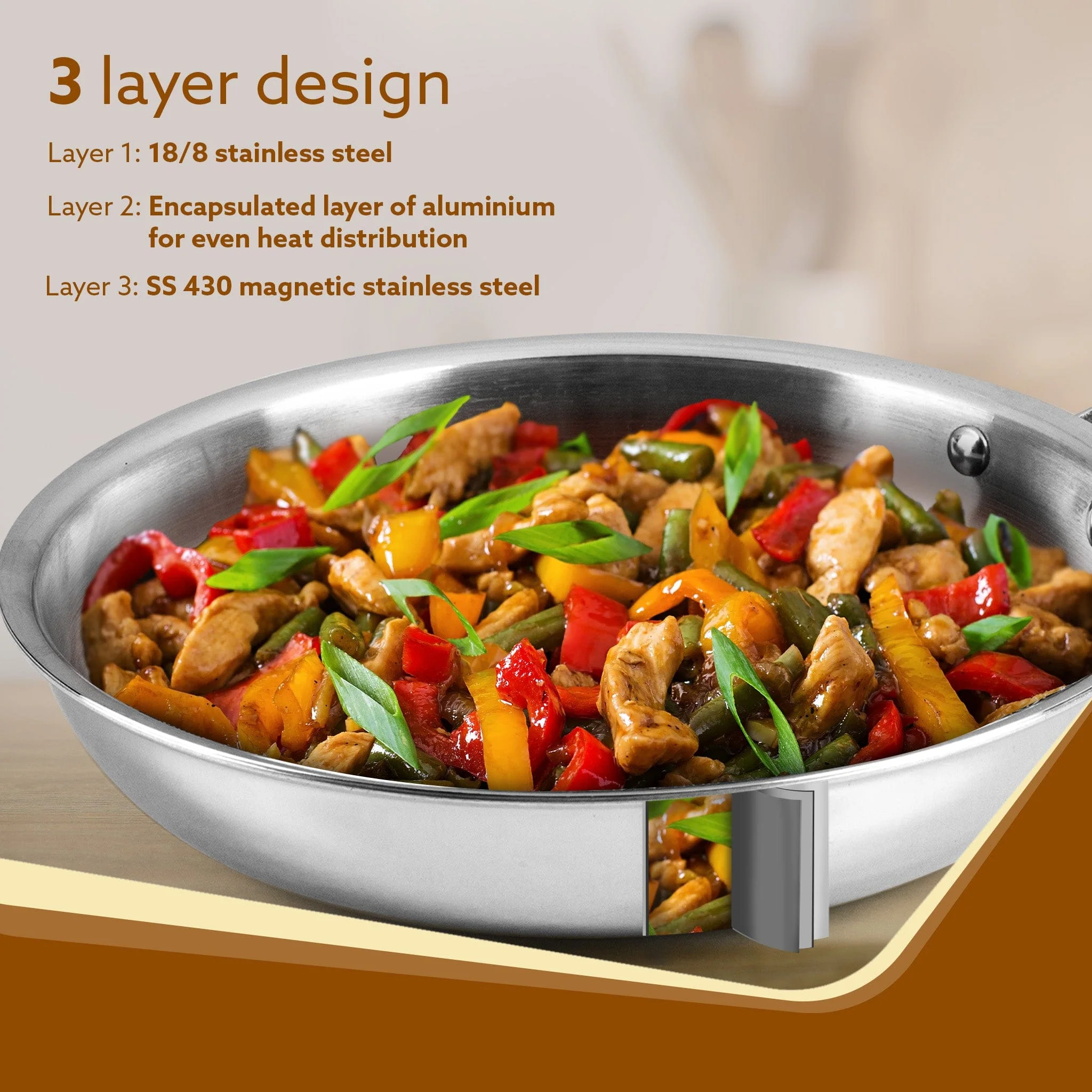 Royal Honey Comb Frying Pan, 1L Capacity, 22 cm Diameter, Tri-Ply Steel with Honey Comb, Riveted  Handle,  Food Safe & PFOA Free, Gas & Induction Compatible, Cooking, Frying, Serving, Silver - Image 3