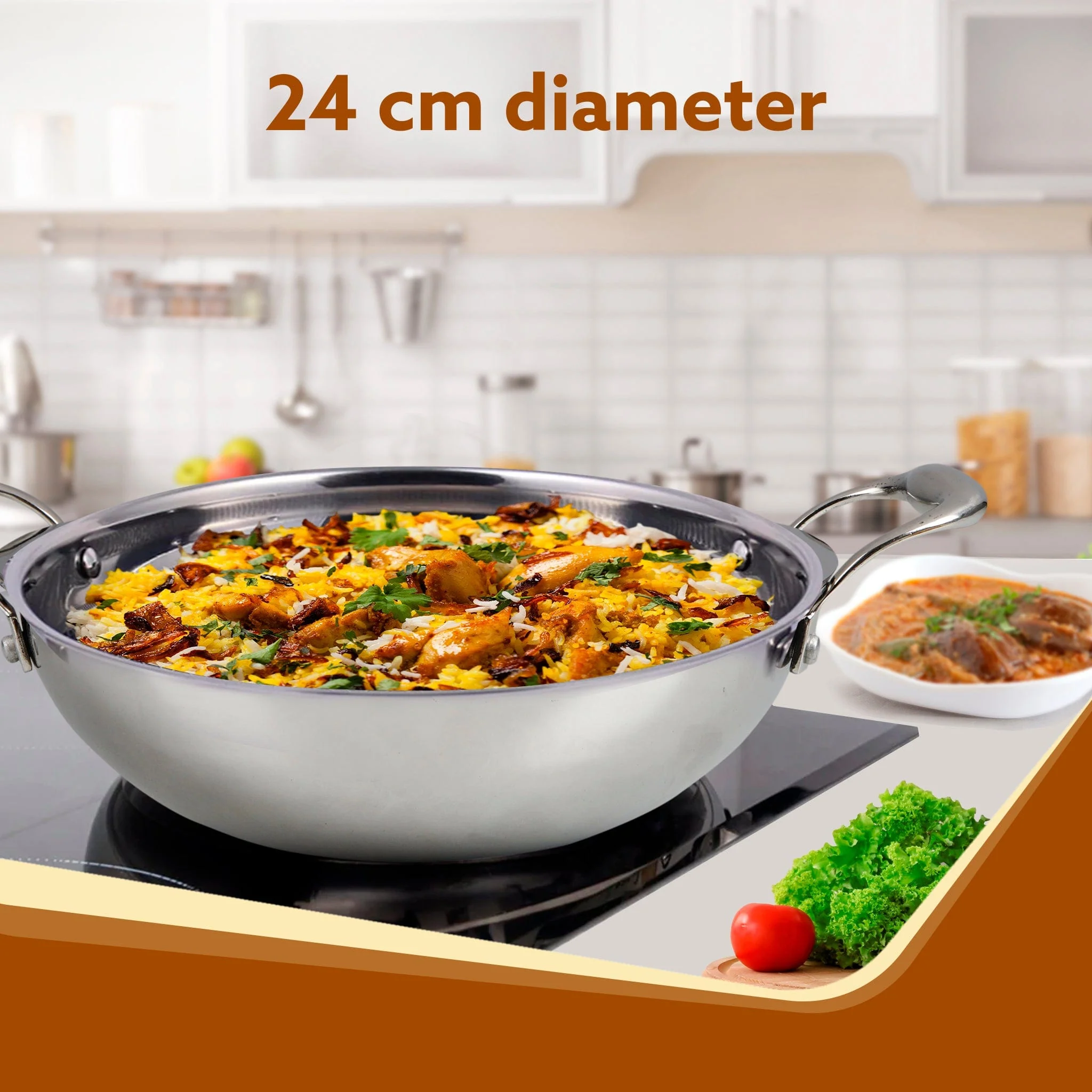 Royal Honey Comb Kadai, 2.25L Capacity, 24 cm Diameter, Gas & Induction Compatible, Tri-Ply Steel with Honey Comb Design, Riveted Handle, Food Safe & PFOA Free, Cooking, Frying, Serving, Silver - Image 2