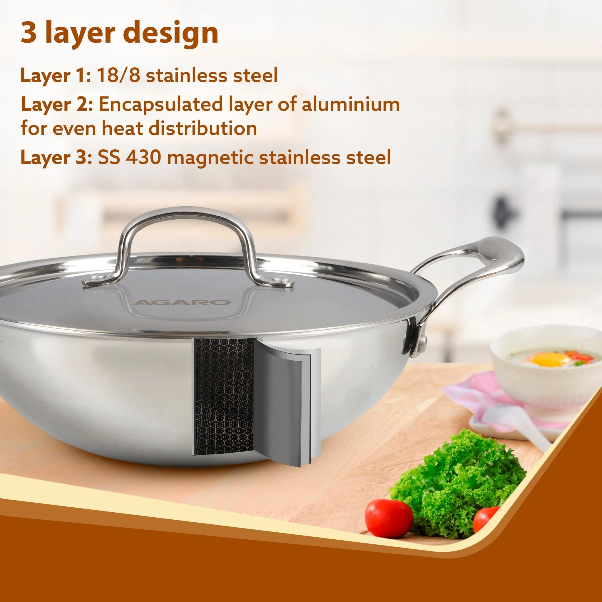 Royal Honey Comb Kadai, 2.25L Capacity, 24 cm Diameter, Gas & Induction Compatible, Tri-Ply Steel with Honey Comb Design, Riveted Handle, Food Safe & PFOA Free, Cooking, Frying, Serving, Silver - Image 3