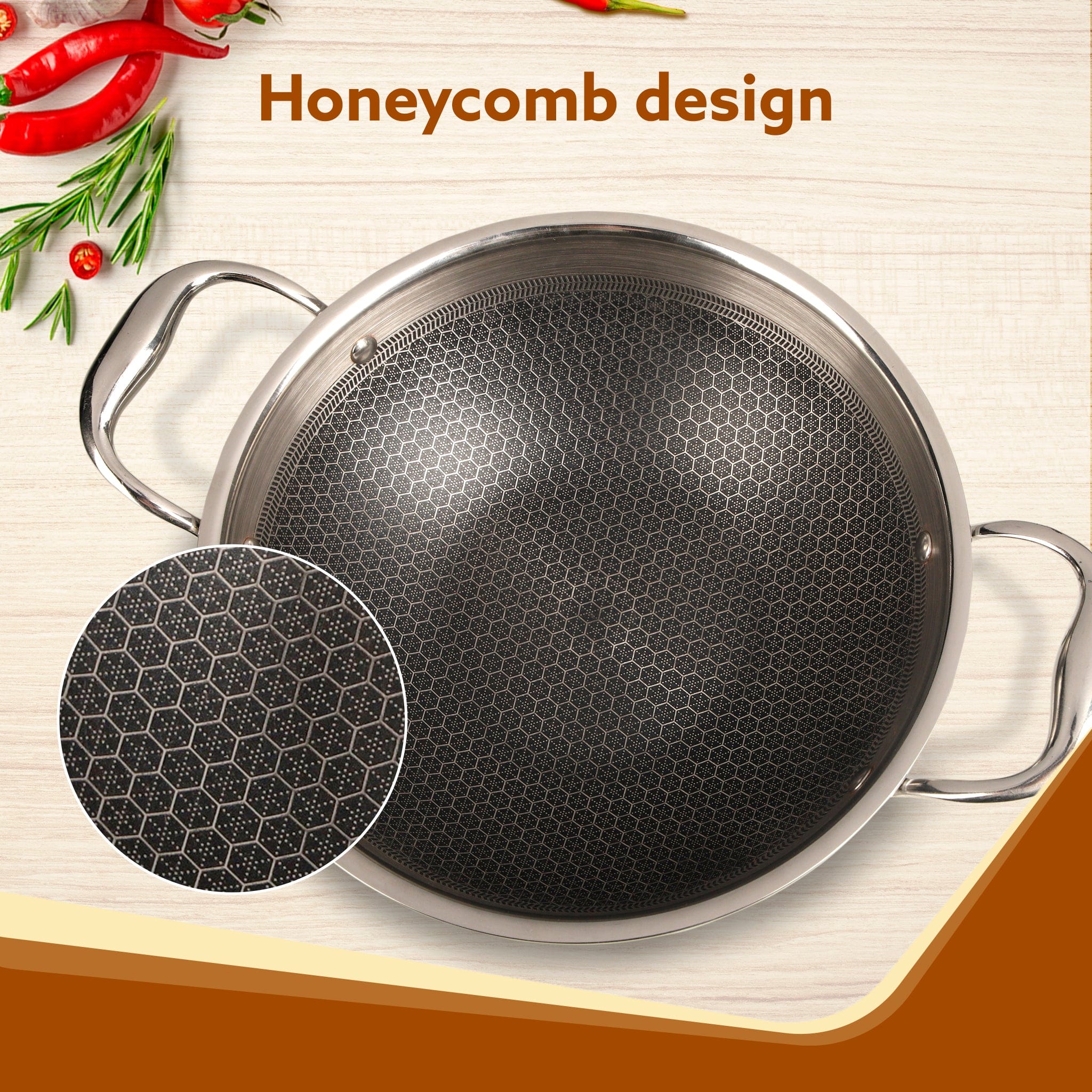 Royal Honey Comb Kadai, 2.25L Capacity, 24 cm Diameter, Gas & Induction Compatible, Tri-Ply Steel with Honey Comb Design, Riveted Handle, Food Safe & PFOA Free, Cooking, Frying, Serving, Silver - Image 4