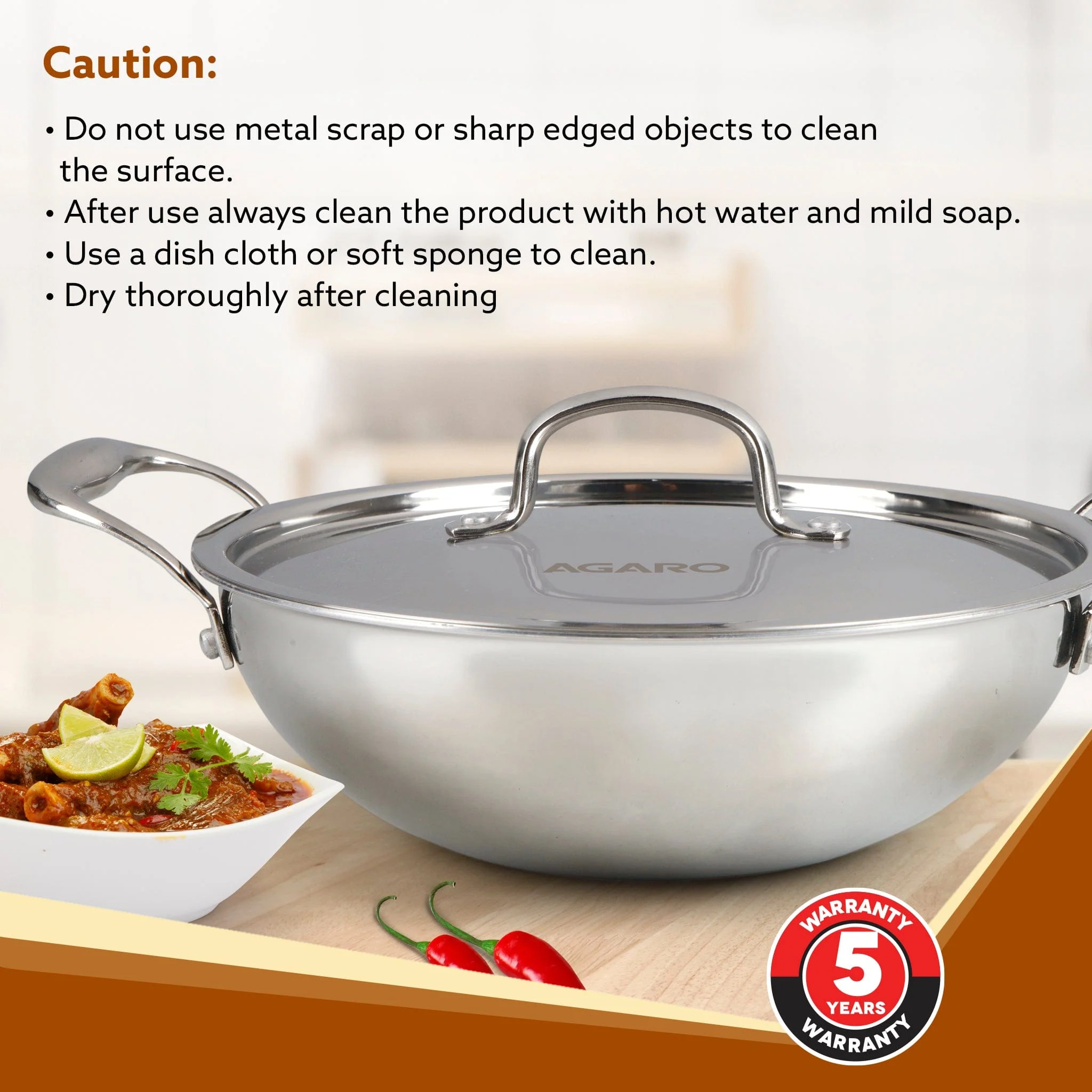 Royal Honey Comb Kadai, 2.25L Capacity, 24 cm Diameter, Gas & Induction Compatible, Tri-Ply Steel with Honey Comb Design, Riveted Handle, Food Safe & PFOA Free, Cooking, Frying, Serving, Silver - Image 6
