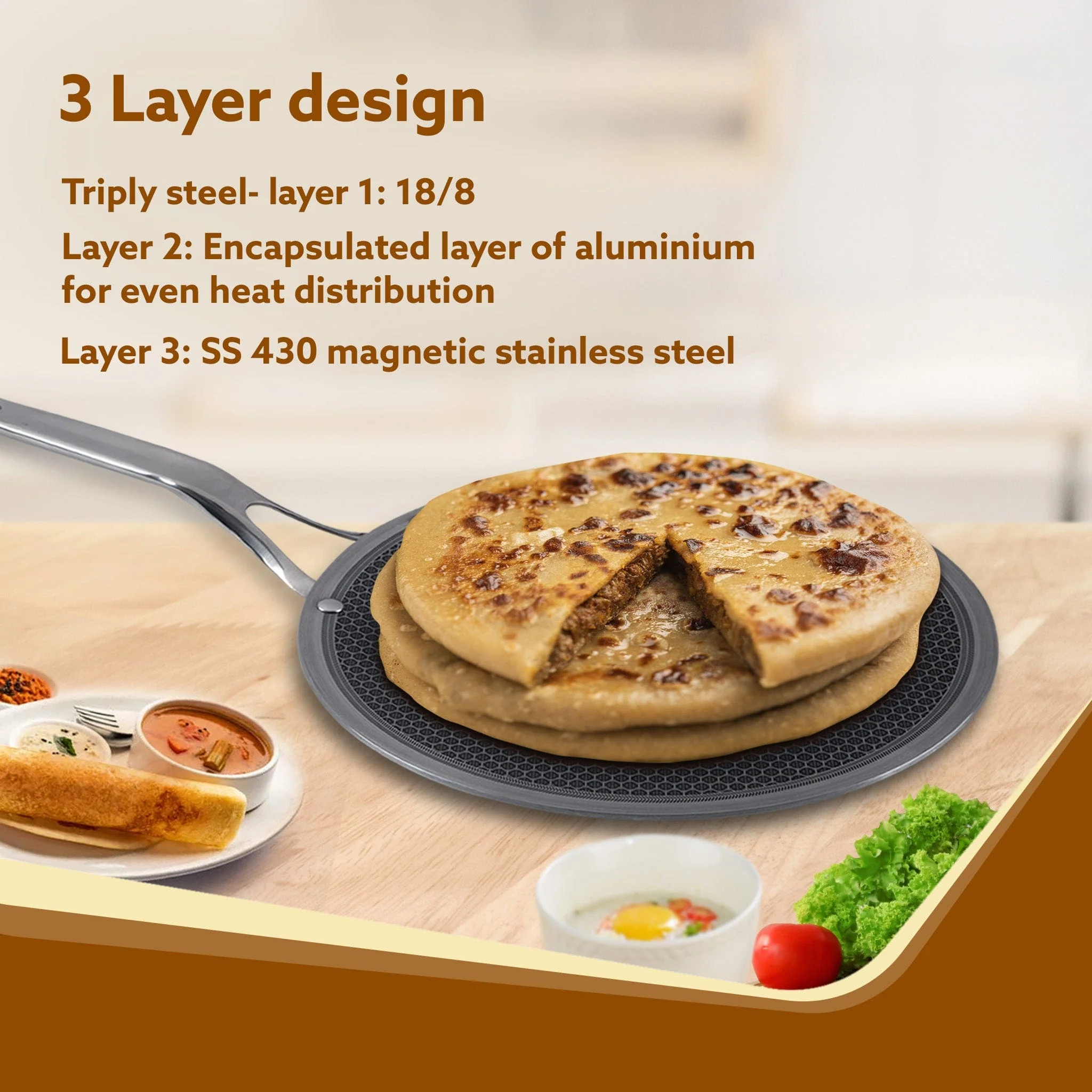Royal Honey Comb Tawa, 26 cm Diameter, Tri-Ply Steel with Honey Comb Pattern Design, Gas & Induction Oven Compatible, Riveted  Handle, Food Safe & PFOA Free, Cooking, Cookware, Silver - Image 3