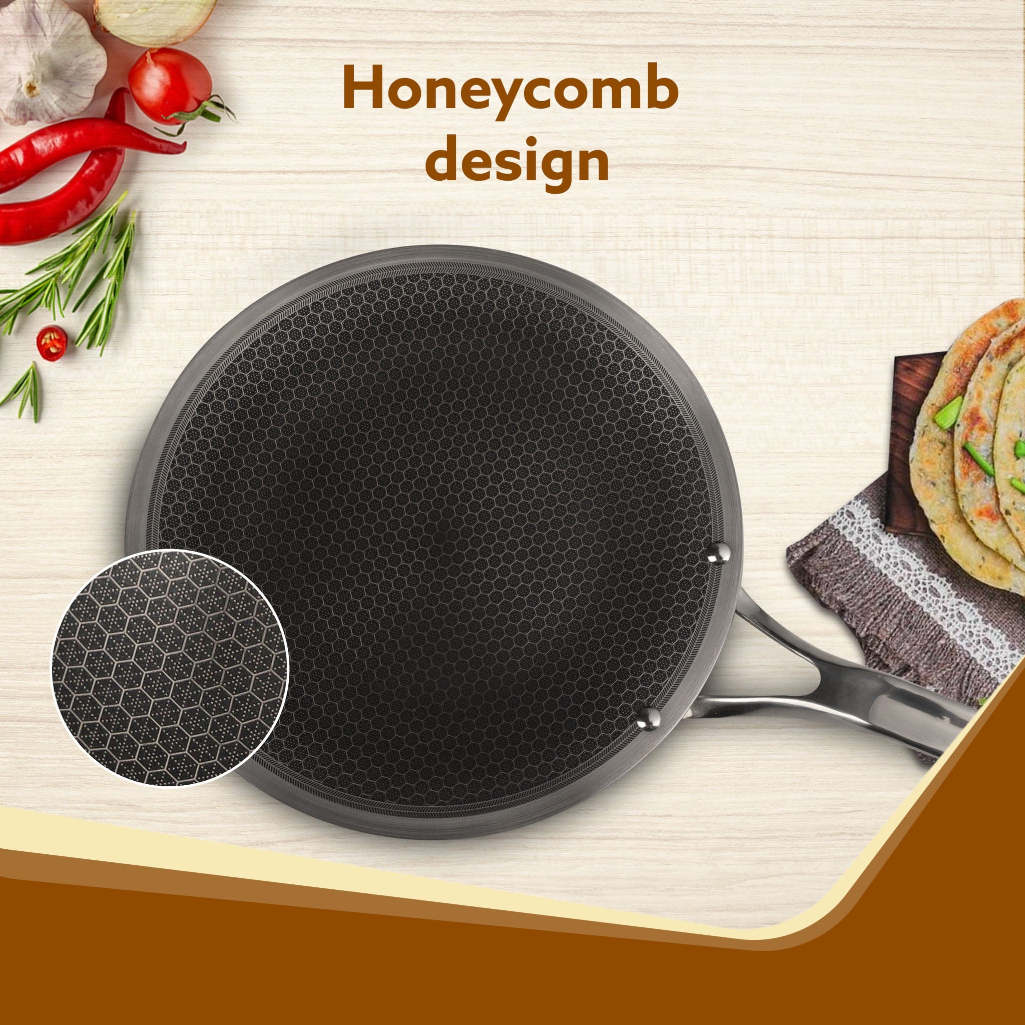 Royal Honey Comb Tawa, 26 cm Diameter, Tri-Ply Steel with Honey Comb Pattern Design, Gas & Induction Oven Compatible, Riveted  Handle, Food Safe & PFOA Free, Cooking, Cookware, Silver - Image 5