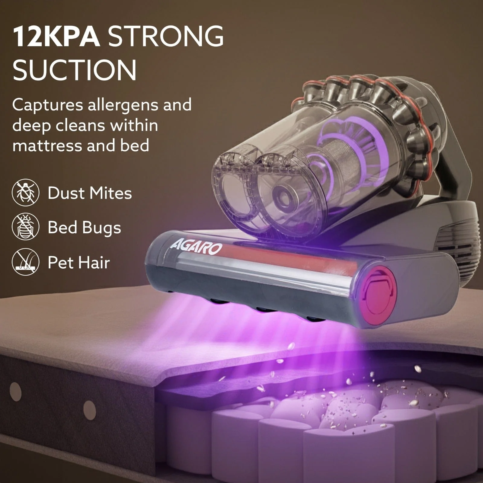 Royal Mattress Vacuum Cleaner, 12kPa Suction Power & UV Light Sterilization, Bed Vacuum Cleaner & Mite Remover, Suitable for Beds, Mattresses, Sofas & Pillows - Image 3