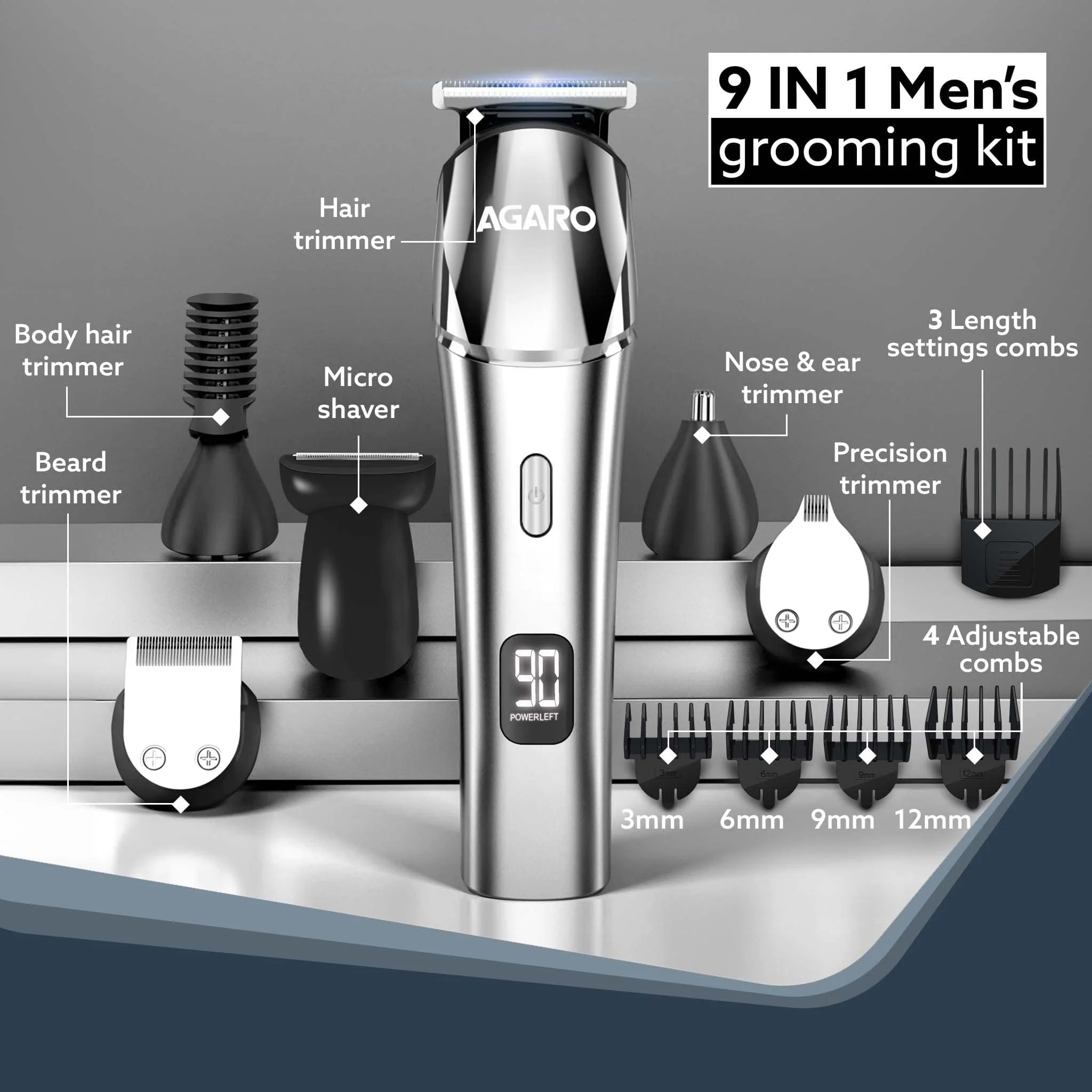 Royal Multi Grooming Kit For Men, 9in1, Shave| Trim | Style, Face Head Body Trimmer, Self Sharpening Stainless Steel Blade, 5 Combs, Metal Body, Type C Fast Charging, 120 Min Usage, IPX7, Silver - Image 3