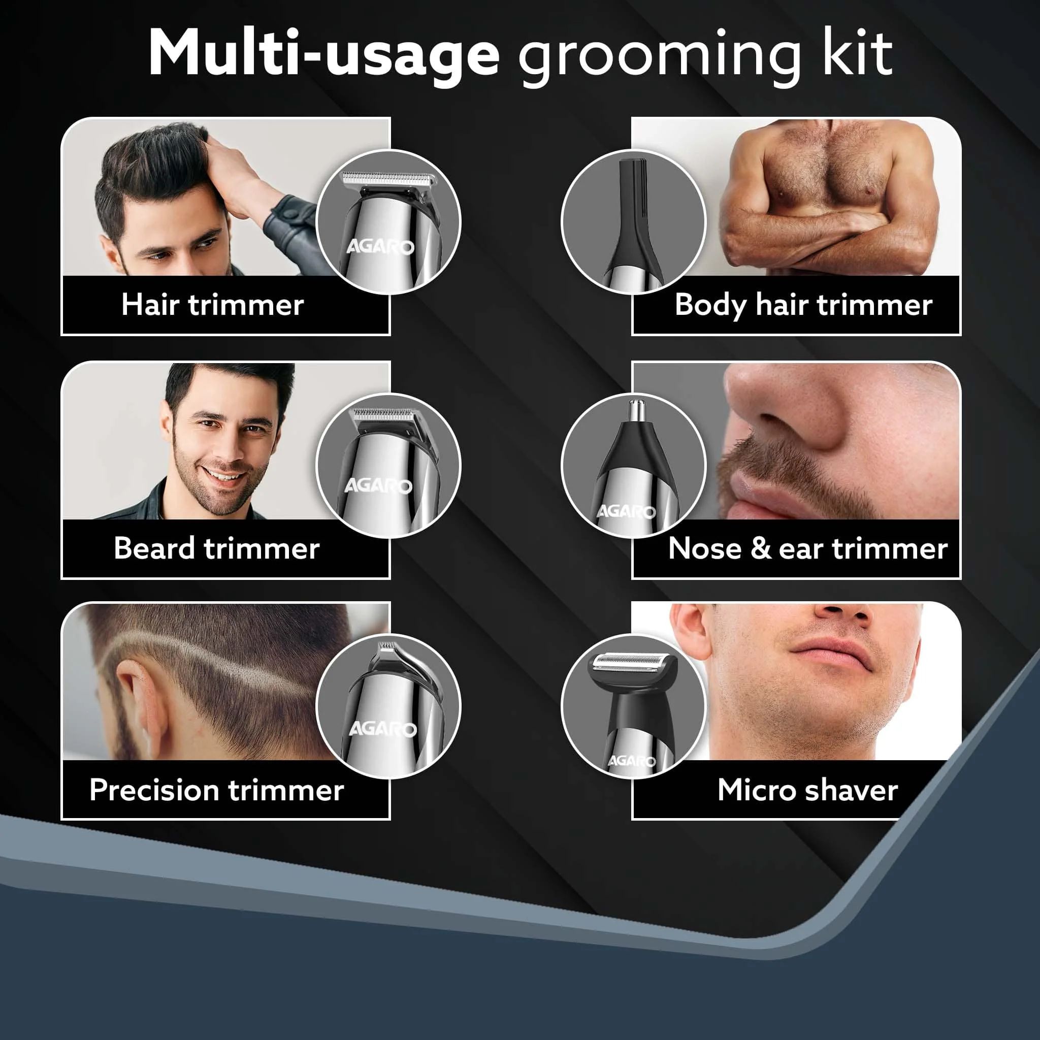 Royal Multi Grooming Kit For Men, 9in1, Shave| Trim | Style, Face Head Body Trimmer, Self Sharpening Stainless Steel Blade, 5 Combs, Metal Body, Type C Fast Charging, 120 Min Usage, IPX7, Silver - Image 4