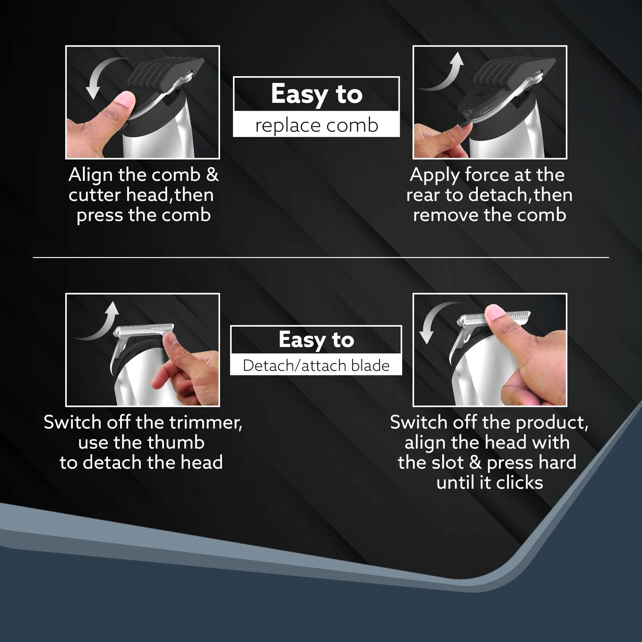 Royal Multi Grooming Kit For Men, 9in1, Shave| Trim | Style, Face Head Body Trimmer, Self Sharpening Stainless Steel Blade, 5 Combs, Metal Body, Type C Fast Charging, 120 Min Usage, IPX7, Silver - Image 8