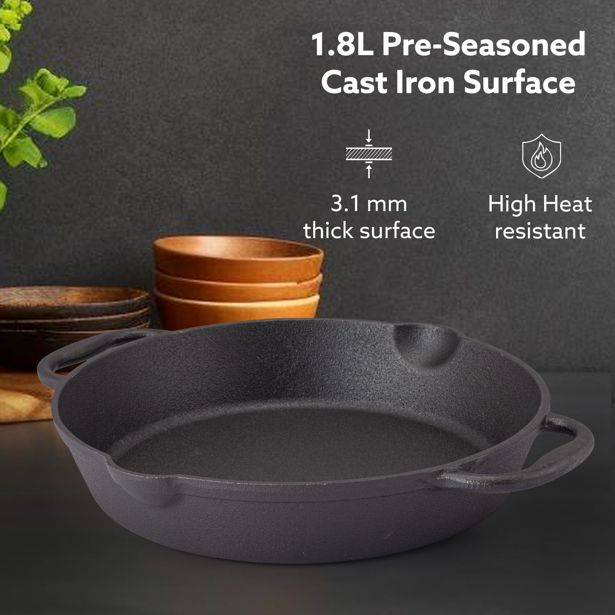 Royal Pre Seasoned Cast Iron Deep Fry Pan,25 cm Diameter,1.8L Capacity,No Chemical Coating,Rigid Handles,Fast Heating,Heavy Weight,Gas Oven & Induction Compatible,Frying,Deep Frying,Black - Image 2