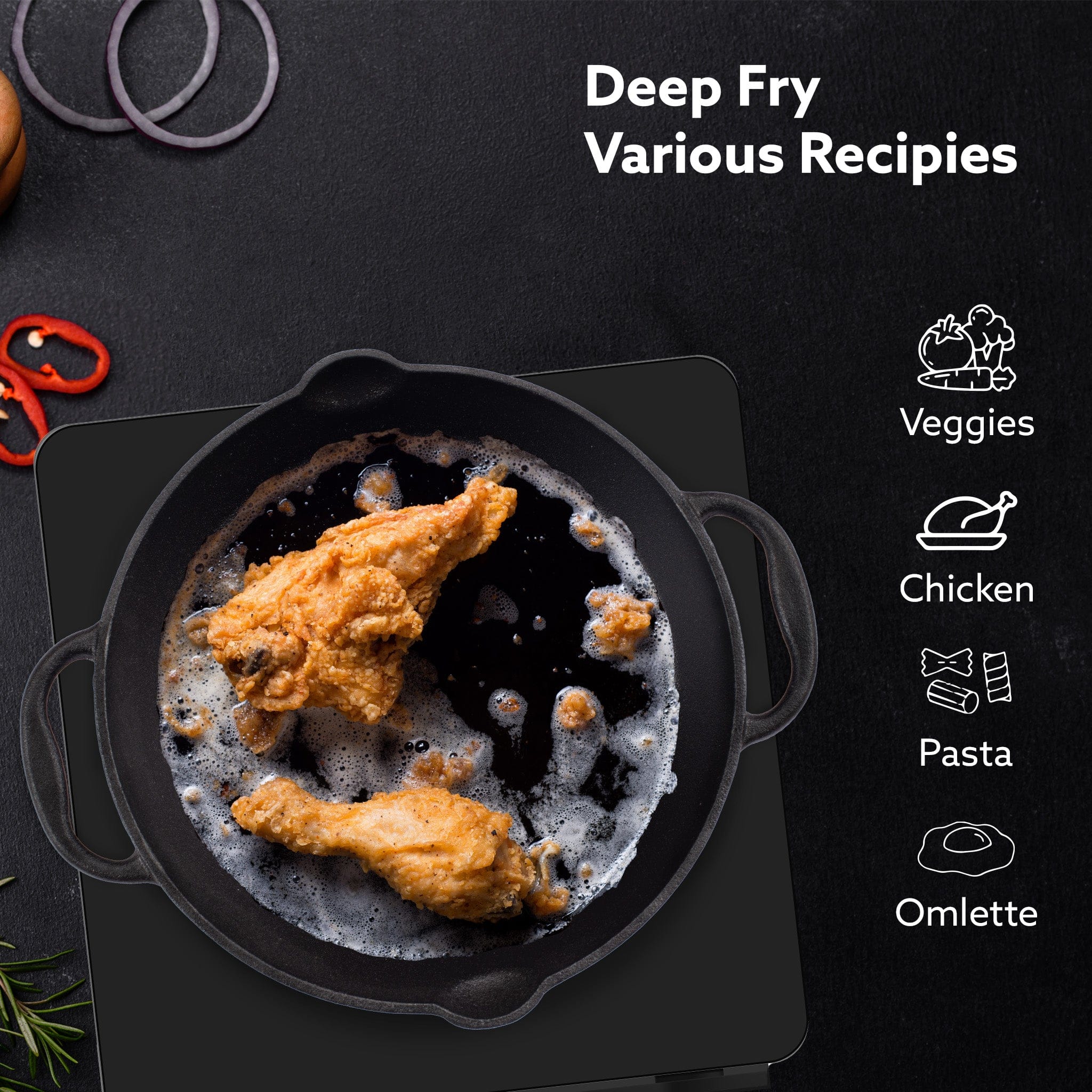 Royal Pre Seasoned Cast Iron Deep Fry Pan,25 cm Diameter,1.8L Capacity,No Chemical Coating,Rigid Handles,Fast Heating,Heavy Weight,Gas Oven & Induction Compatible,Frying,Deep Frying,Black - Image 5