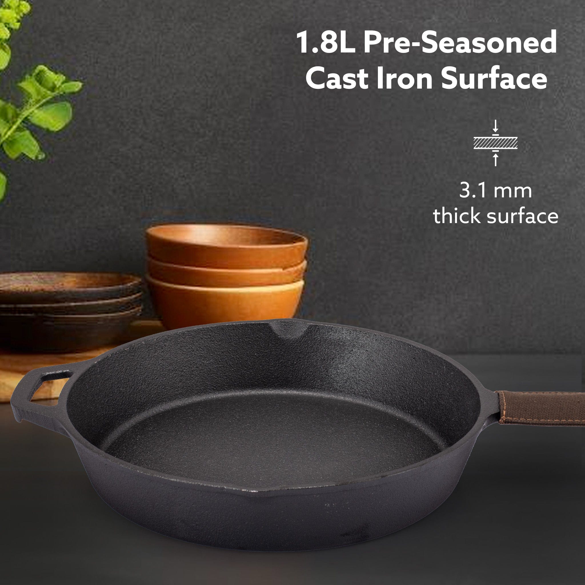 Royal Pre Seasoned Cast Iron Deep Round Fry Pan, 26cm Diameter, 1.8L, No Chemical Coating, Rigid Handles, Fast Heating, Heavy Weight, Gas Oven & Induction Compatible, Frying, Deep Frying, Black - Image 2