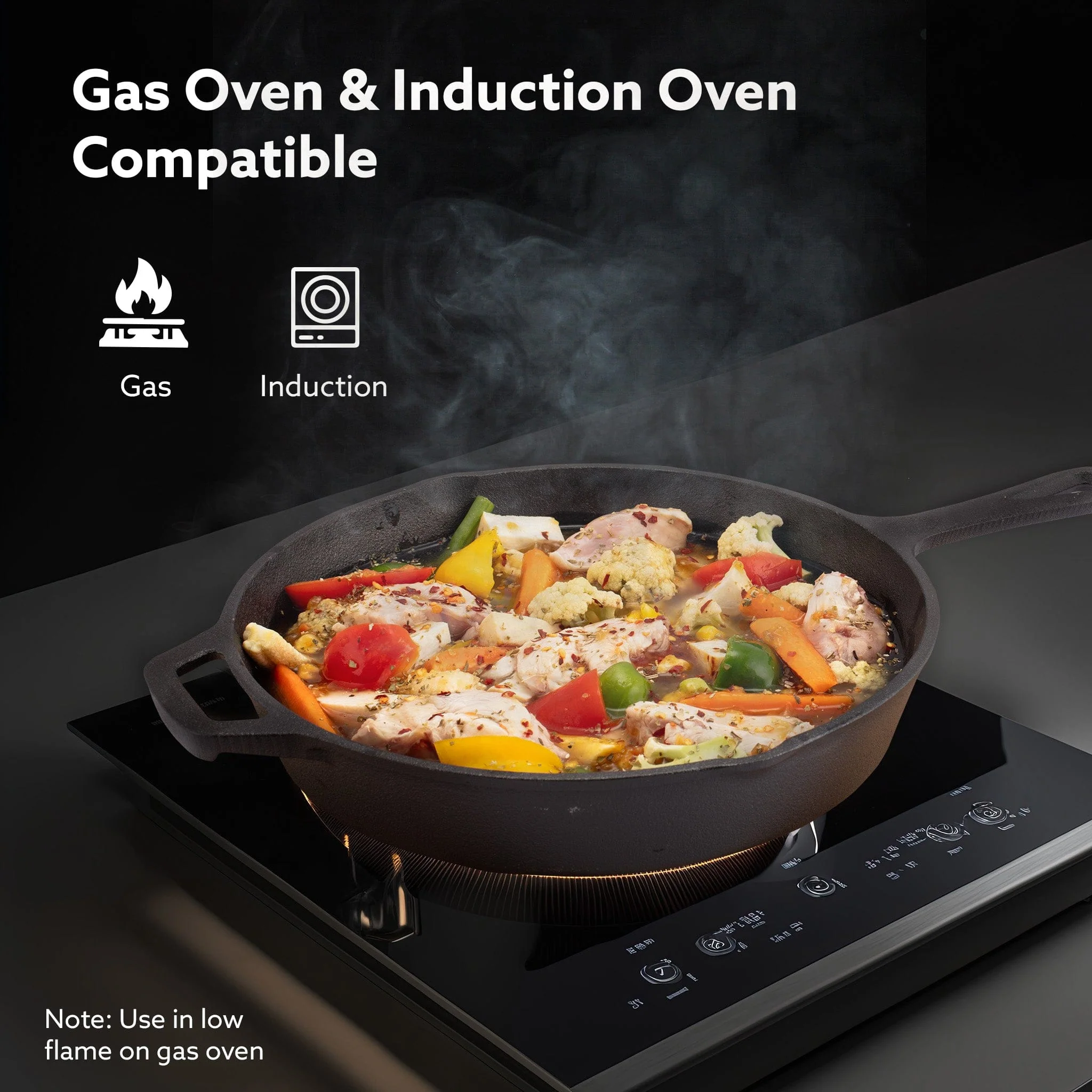Royal Pre Seasoned Cast Iron Deep Round Fry Pan, 26cm Diameter, 1.8L, No Chemical Coating, Rigid Handles, Fast Heating, Heavy Weight, Gas Oven & Induction Compatible, Frying, Deep Frying, Black - Image 3