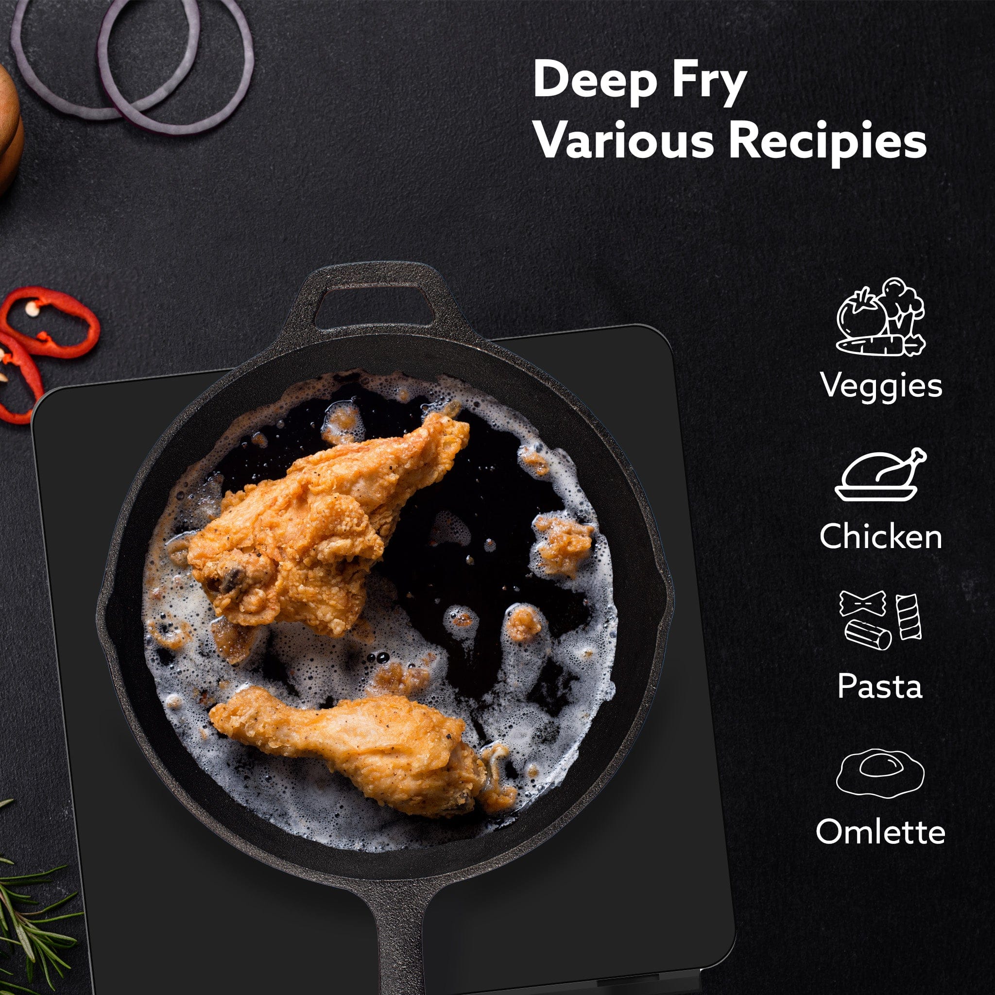 Royal Pre Seasoned Cast Iron Deep Round Fry Pan, 26cm Diameter, 1.8L, No Chemical Coating, Rigid Handles, Fast Heating, Heavy Weight, Gas Oven & Induction Compatible, Frying, Deep Frying, Black - Image 5