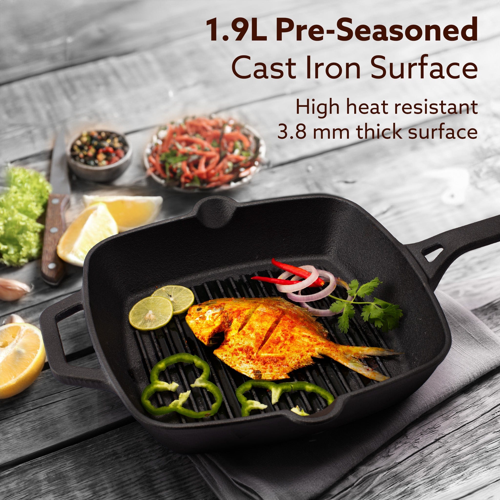 Royal Pre Seasoned Cast Iron Grill Pan, 24cm Diameter, 1.9L, No Chemical Coating, Rigid Handles, Fast Heating, Heavy Weight, Gas Oven & Induction Compatible, Frying, Cooking - Image 2