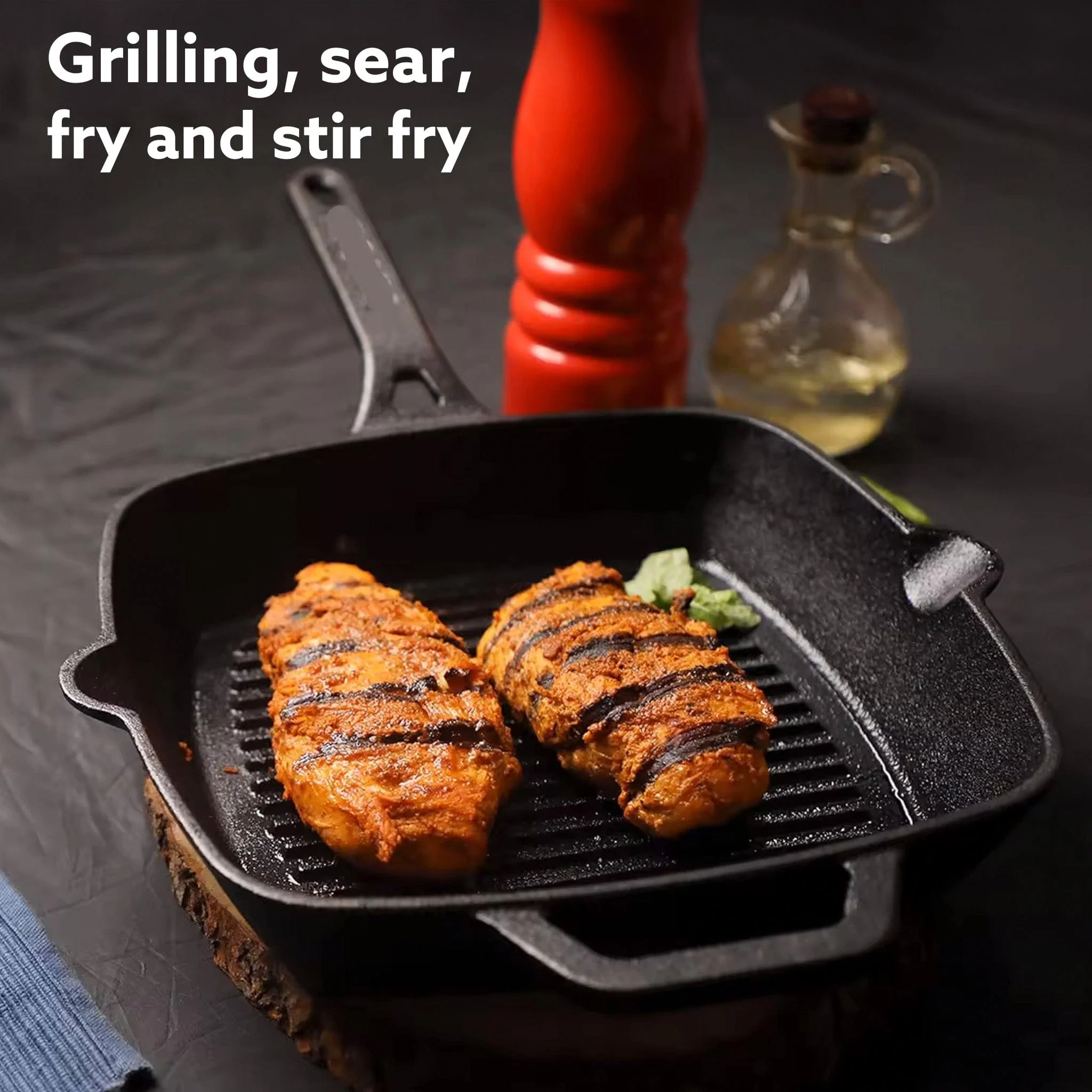 Royal Pre Seasoned Cast Iron Grill Pan, 24cm Diameter, 1.9L, No Chemical Coating, Rigid Handles, Fast Heating, Heavy Weight, Gas Oven & Induction Compatible, Frying, Cooking - Image 4
