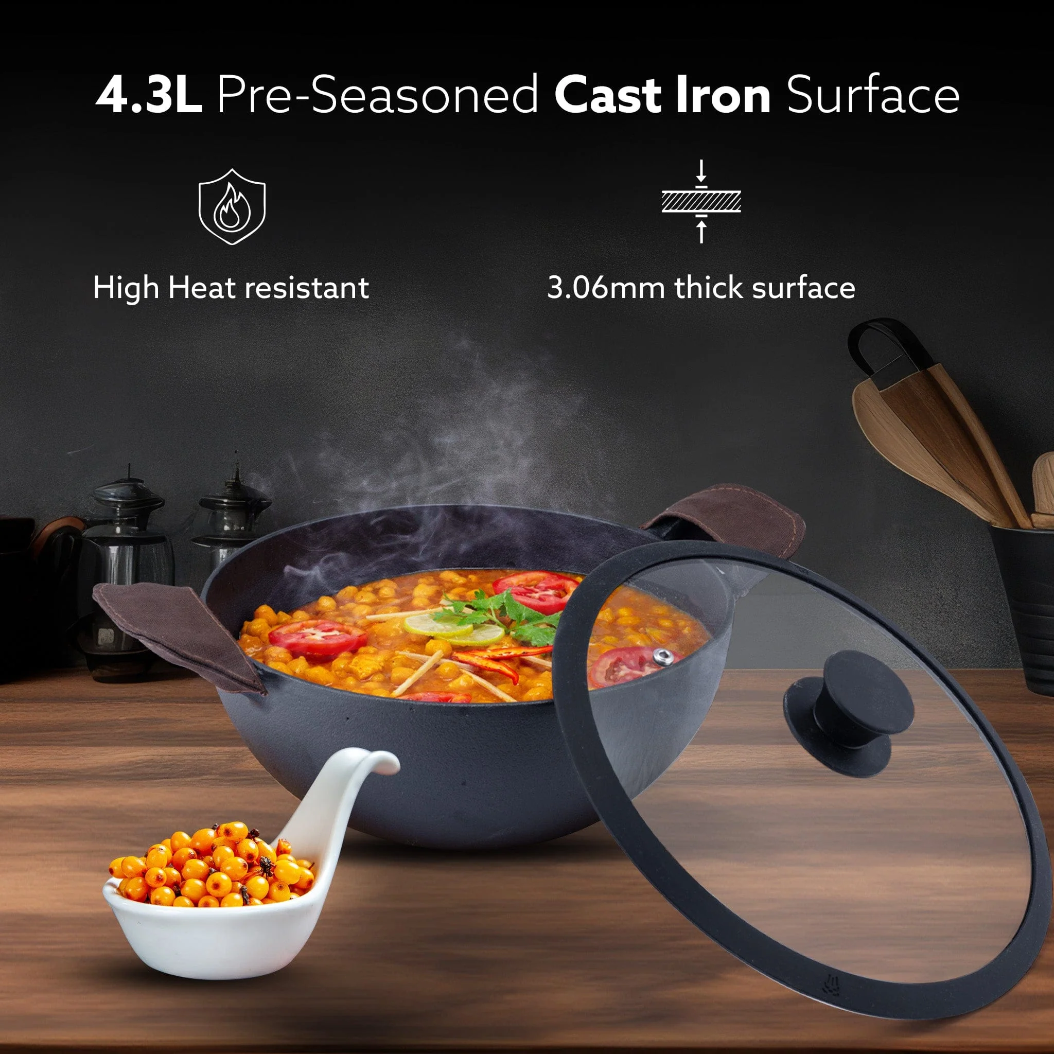 Royal Pre Seasoned Cast Iron Kadai with Glass Lid, No Chemical Coating, Rigid Iron Handle, 4.3L, Uni-Body Design, Fast Heating, Heavy Weight, Gas & Induction Oven Compatible, Cooking, Black - Image 2