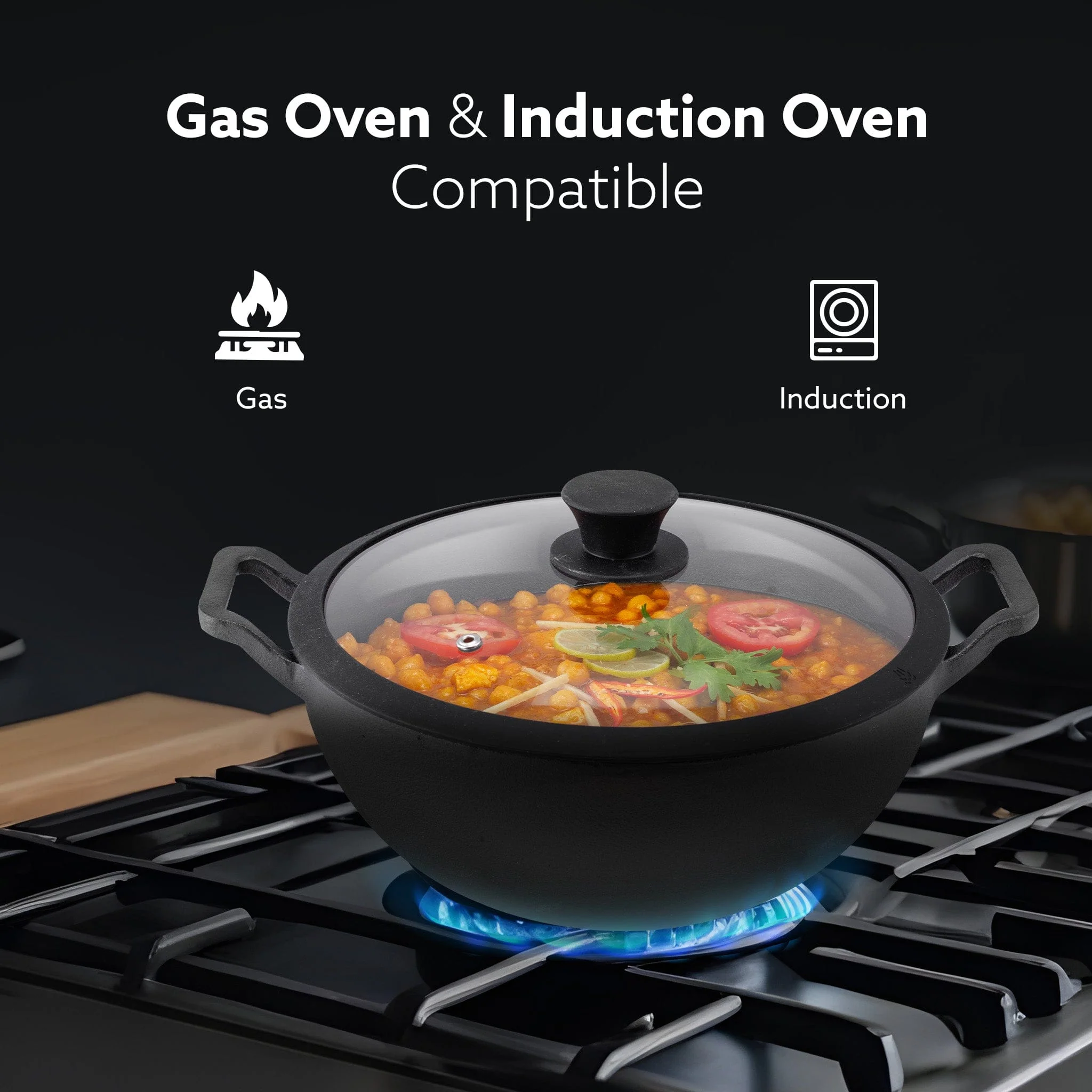 Royal Pre Seasoned Cast Iron Kadai with Glass Lid, No Chemical Coating, Rigid Iron Handle, 4.3L, Uni-Body Design, Fast Heating, Heavy Weight, Gas & Induction Oven Compatible, Cooking, Black - Image 3