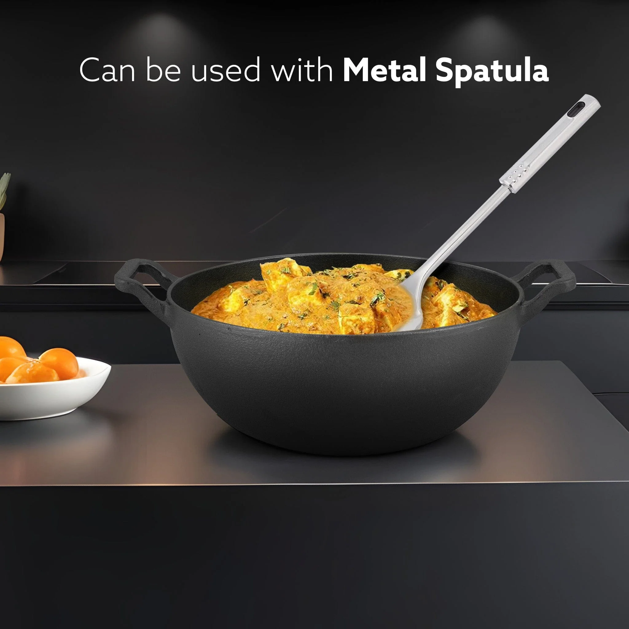 Royal Pre Seasoned Cast Iron Kadai with Glass Lid, No Chemical Coating, Rigid Iron Handle, 4.3L, Uni-Body Design, Fast Heating, Heavy Weight, Gas & Induction Oven Compatible, Cooking, Black - Image 4