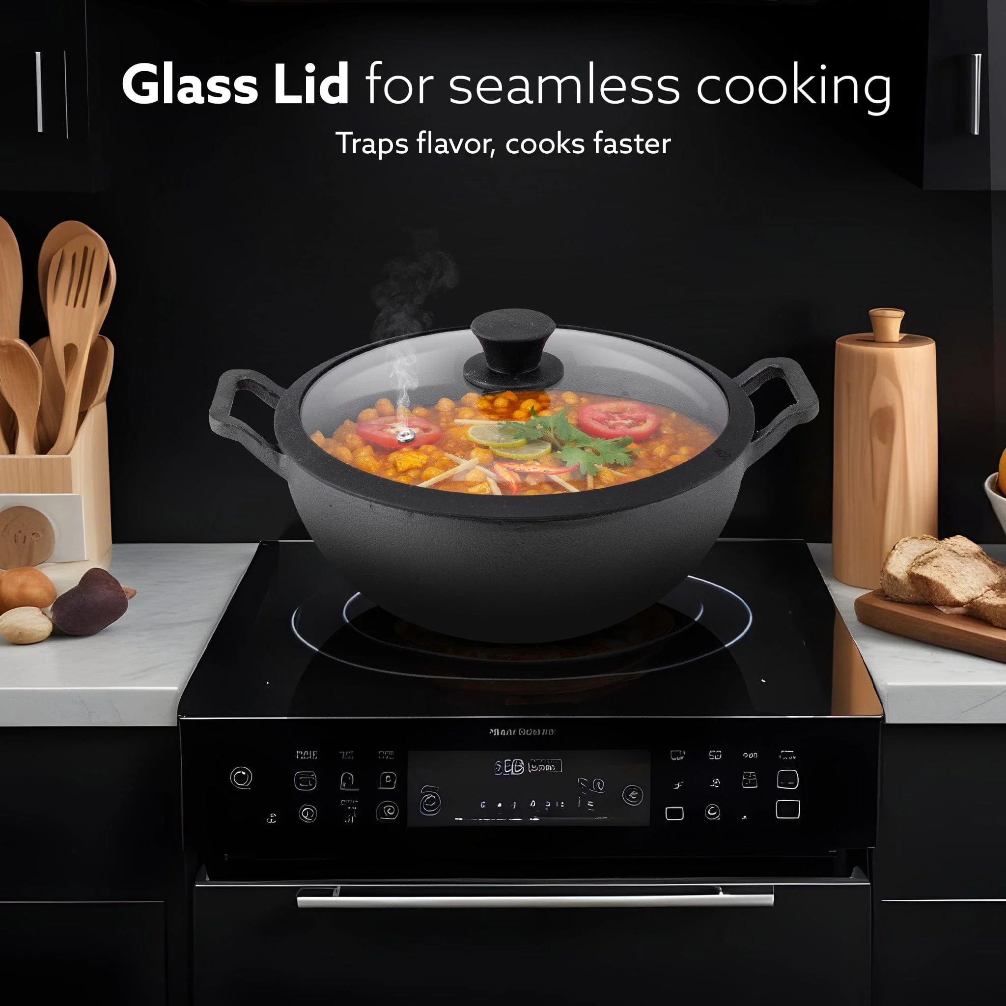 Royal Pre Seasoned Cast Iron Kadai with Glass Lid, No Chemical Coating, Rigid Iron Handle, 4.3L, Uni-Body Design, Fast Heating, Heavy Weight, Gas & Induction Oven Compatible, Cooking, Black - Image 5