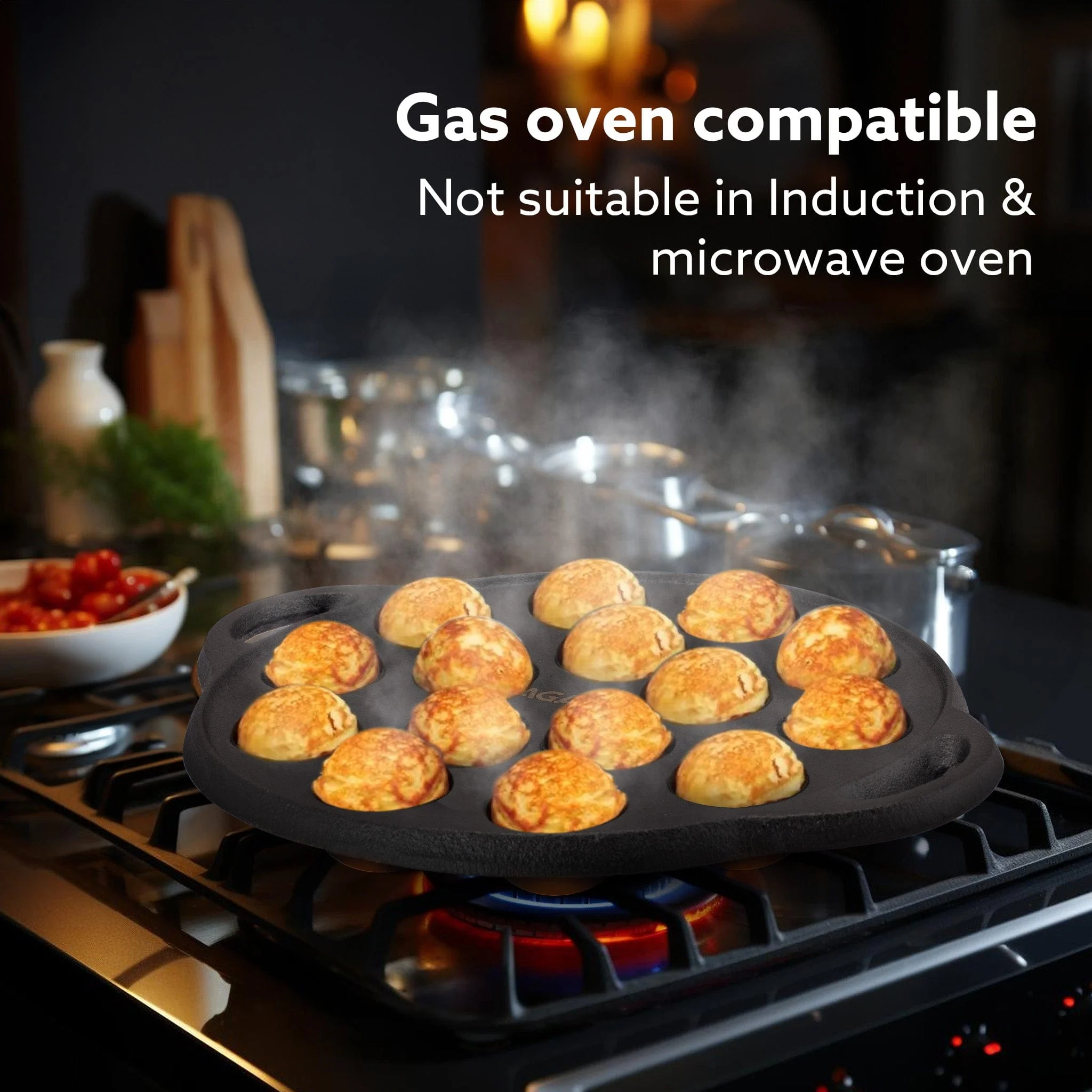 Royal Pre-Seasoned Cast Iron Paniyaram Pan, 15 pits (4cm x 2cm Each), No Chemical Coating, Rigid Handle, Fast Heating, Gas Oven Compatible, Appe, Gunta Ponganalu, Paddu, Kuzhi & Litti - Image 3