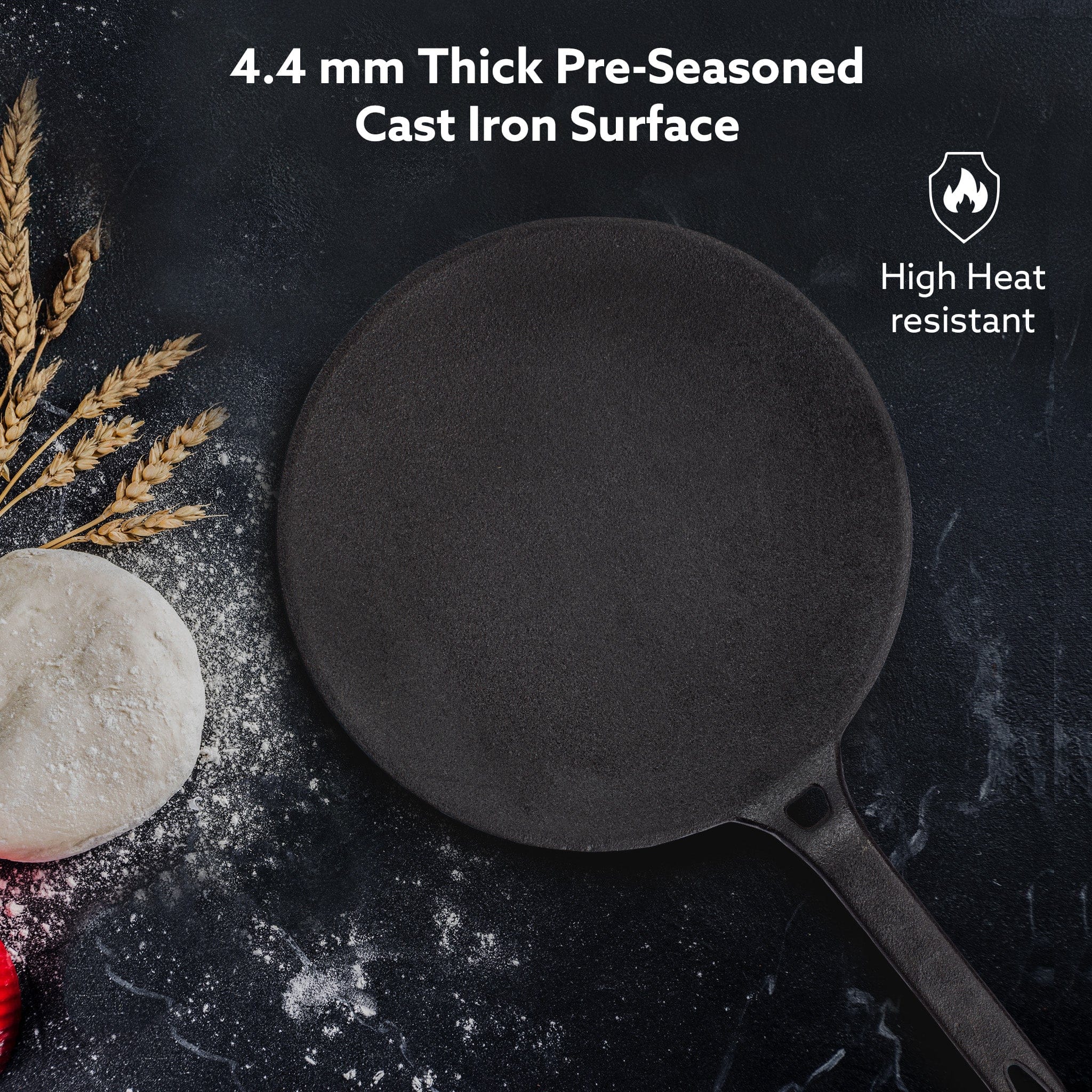 Royal Pre Seasoned Cast Iron Tawa, 26 CM Diameter, No Chemical Coating, Long Rigid Handle, Fast Heating, Heavy Weight, Gas Oven Compatible, Roti, Chapathi, Paratha, Omlette Maker,Black - Image 2