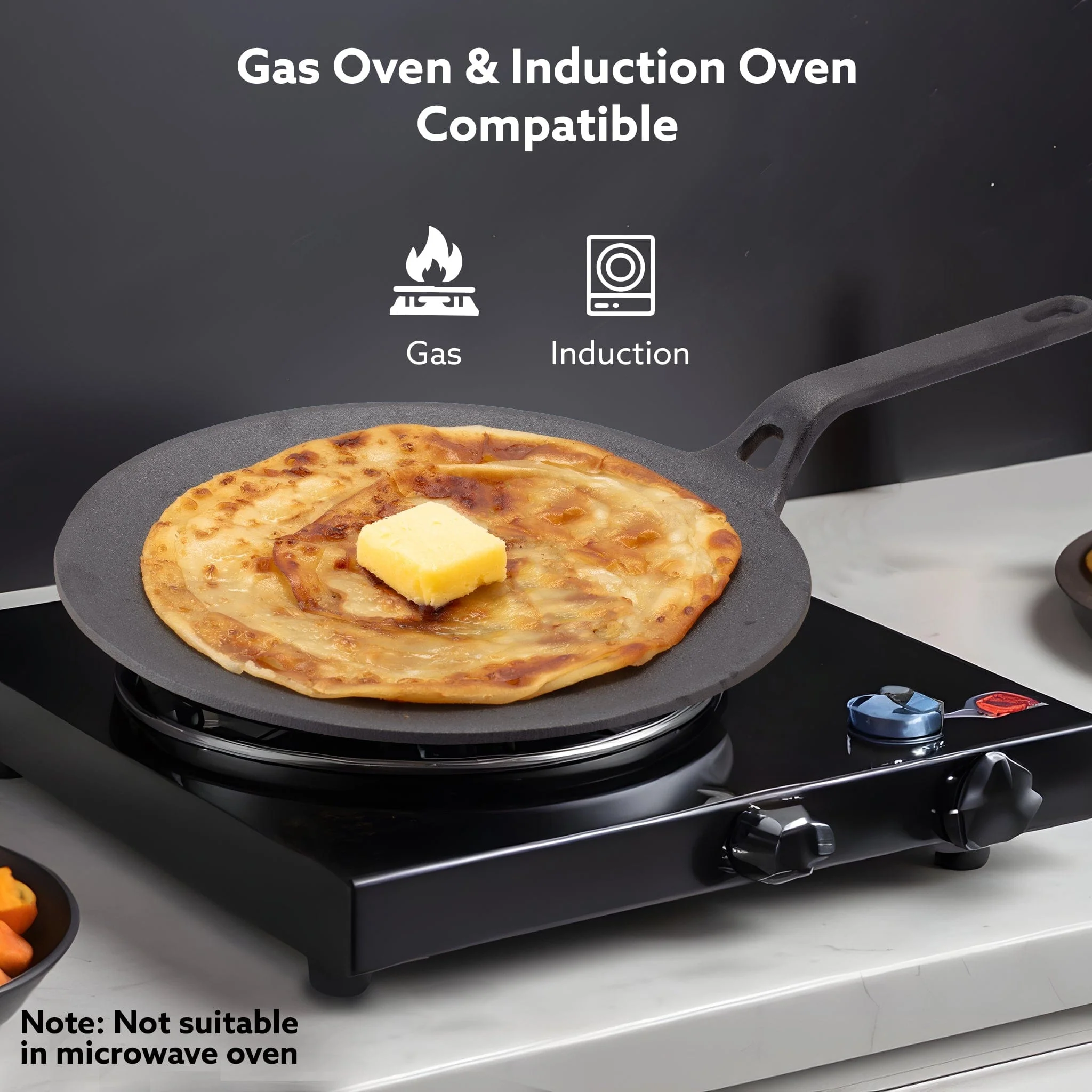 Royal Pre Seasoned Cast Iron Tawa, 26 CM Diameter, No Chemical Coating, Long Rigid Handle, Fast Heating, Heavy Weight, Gas Oven Compatible, Roti, Chapathi, Paratha, Omlette Maker,Black - Image 3