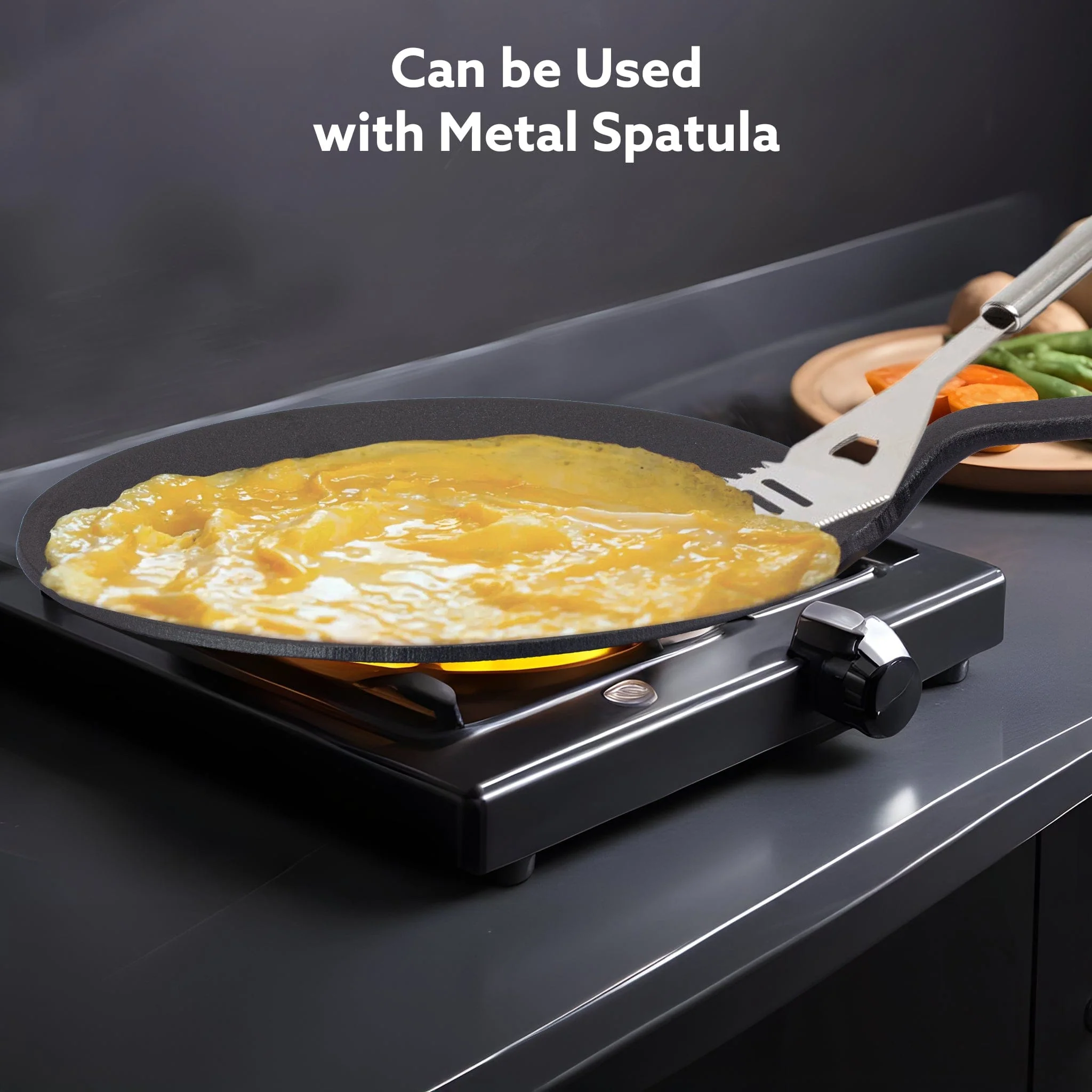 Royal Pre Seasoned Cast Iron Tawa, 26 CM Diameter, No Chemical Coating, Long Rigid Handle, Fast Heating, Heavy Weight, Gas Oven Compatible, Roti, Chapathi, Paratha, Omlette Maker,Black - Image 4