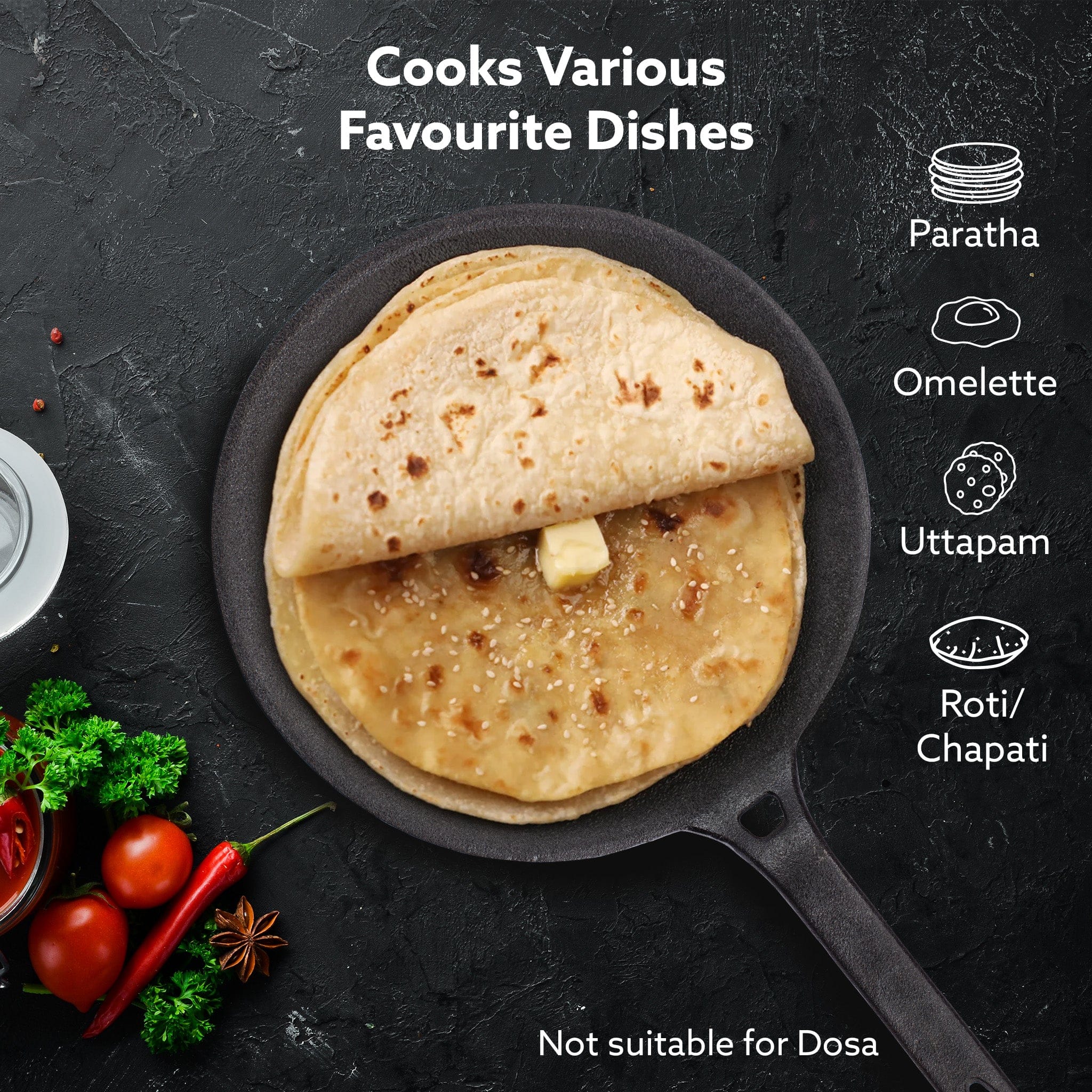 Royal Pre Seasoned Cast Iron Tawa, 26 CM Diameter, No Chemical Coating, Long Rigid Handle, Fast Heating, Heavy Weight, Gas Oven Compatible, Roti, Chapathi, Paratha, Omlette Maker,Black - Image 5