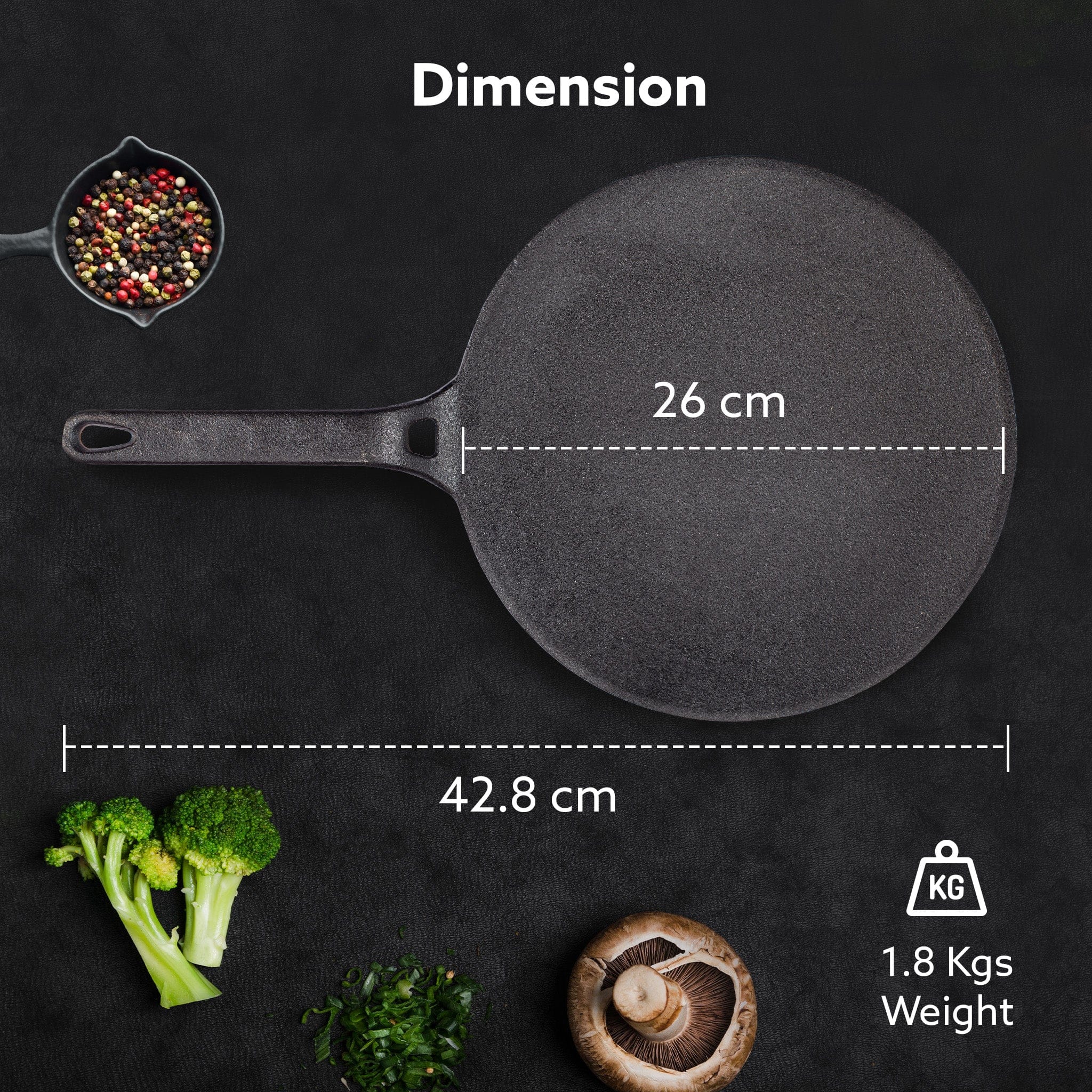 Royal Pre Seasoned Cast Iron Tawa, 26 CM Diameter, No Chemical Coating, Long Rigid Handle, Fast Heating, Heavy Weight, Gas Oven Compatible, Roti, Chapathi, Paratha, Omlette Maker,Black - Image 6