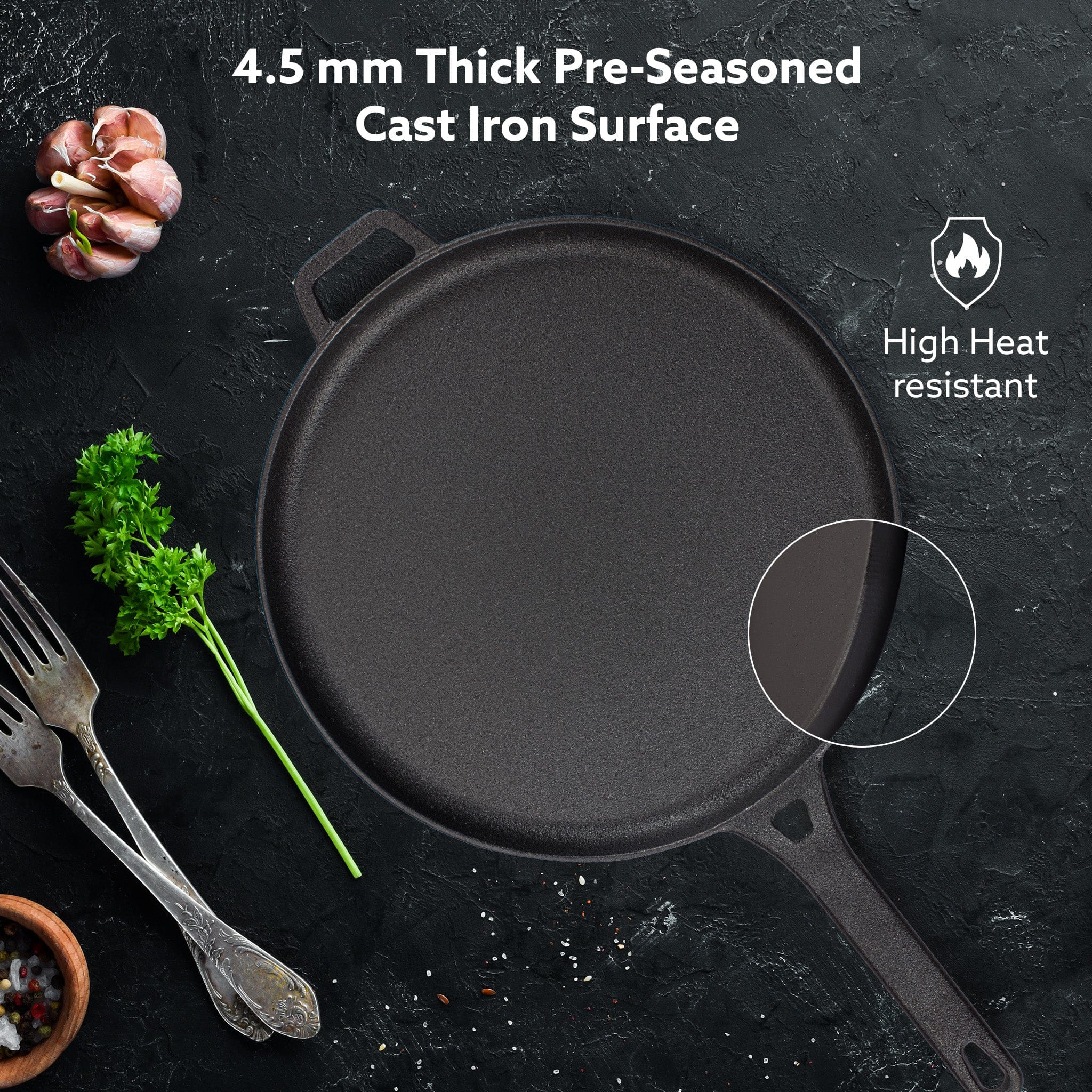 Royal Pre Seasoned Cast Iron Tawa, 28 Cm Diameter, No Chemical Coating, Long Rigid Handle, Fast Heating, Heavy Weight, Gas & Induction Oven Compatible, Roti, Omlette Maker, Black - Image 2