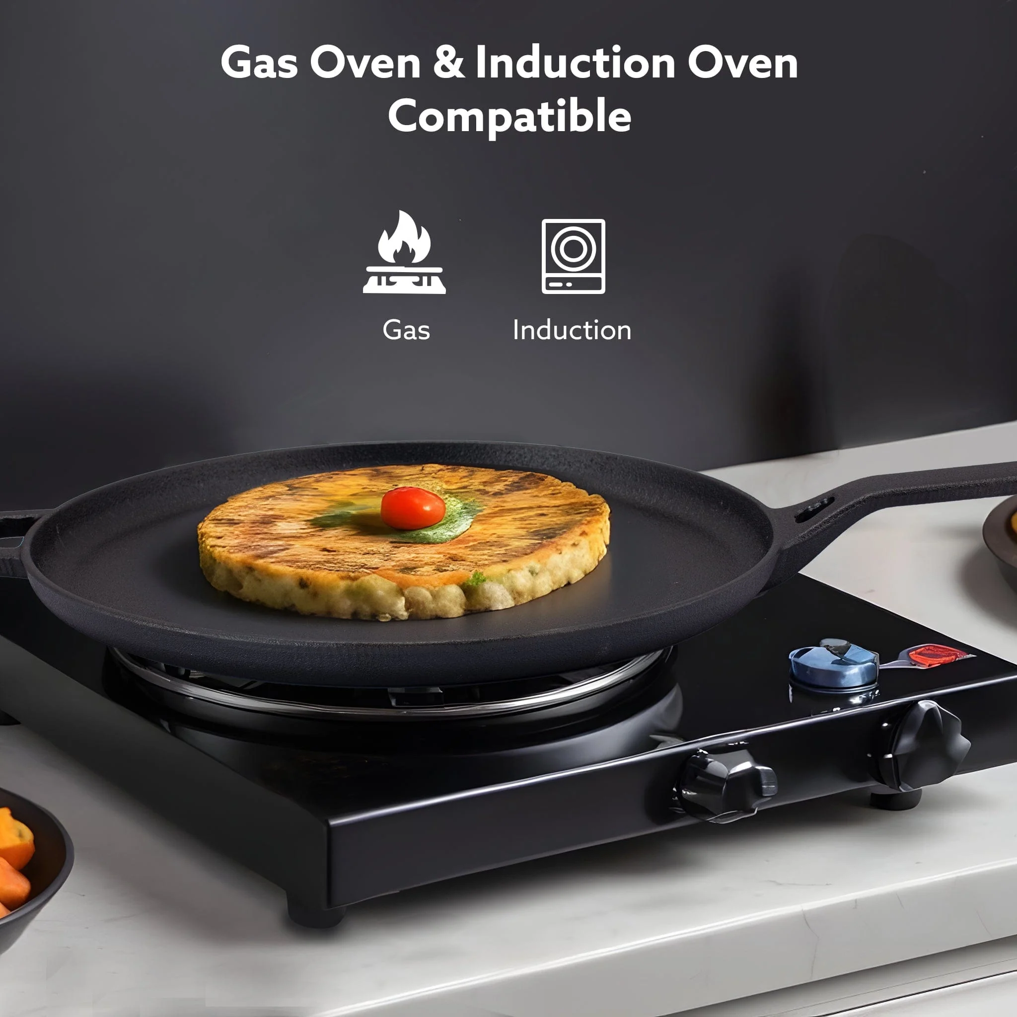 Royal Pre Seasoned Cast Iron Tawa, 28 Cm Diameter, No Chemical Coating, Long Rigid Handle, Fast Heating, Heavy Weight, Gas & Induction Oven Compatible, Roti, Omlette Maker, Black - Image 3