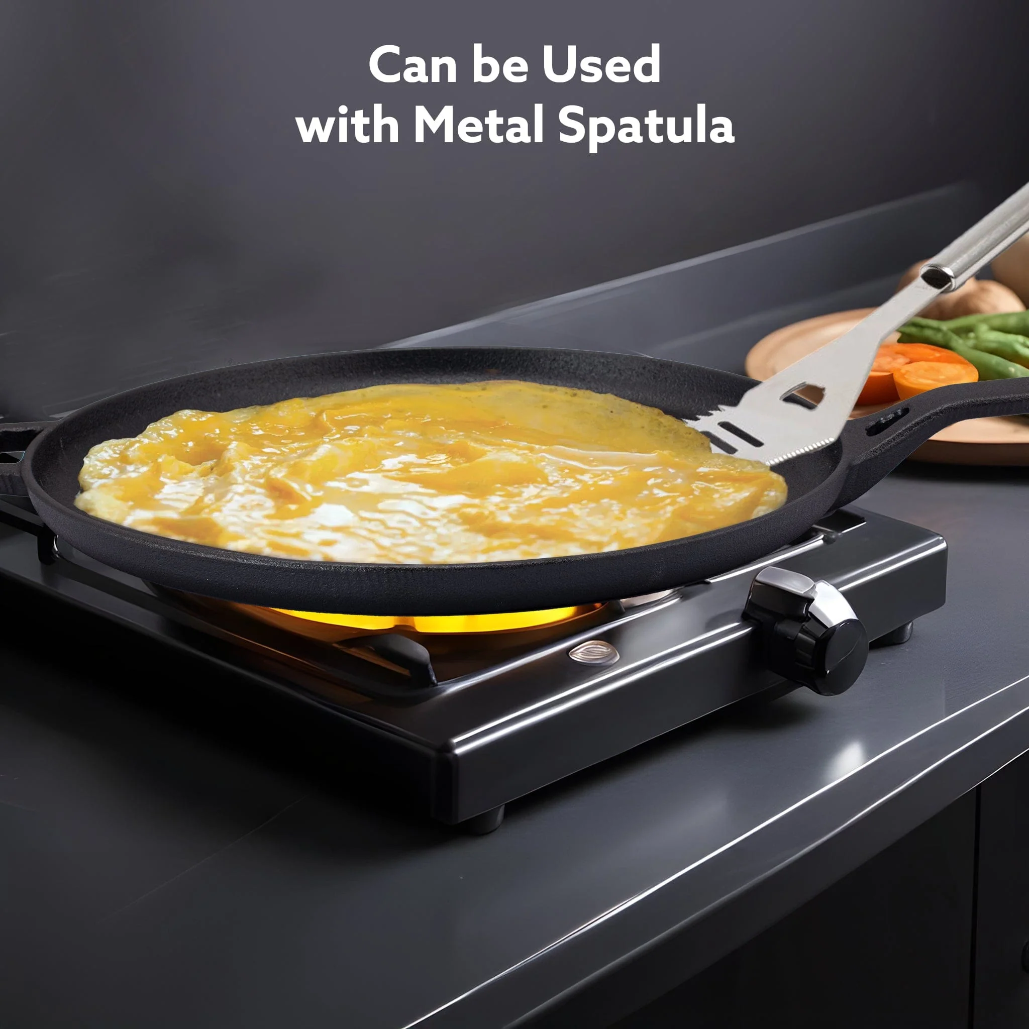 Royal Pre Seasoned Cast Iron Tawa, 28 Cm Diameter, No Chemical Coating, Long Rigid Handle, Fast Heating, Heavy Weight, Gas & Induction Oven Compatible, Roti, Omlette Maker, Black - Image 4