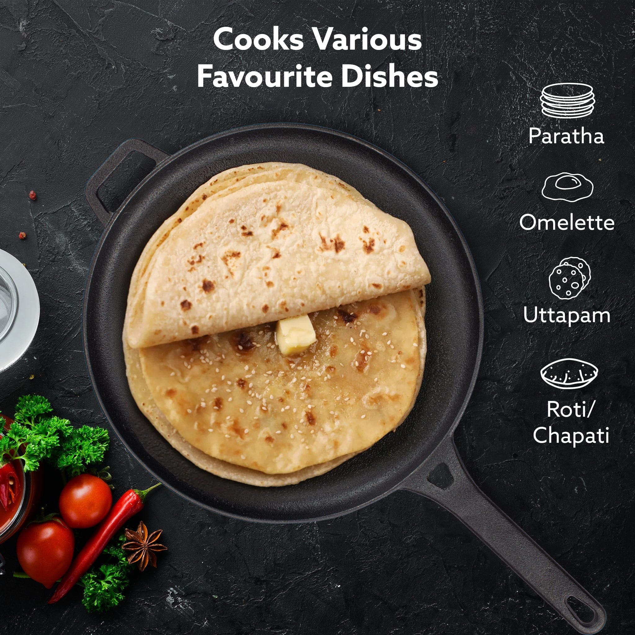 Royal Pre Seasoned Cast Iron Tawa, 28 Cm Diameter, No Chemical Coating, Long Rigid Handle, Fast Heating, Heavy Weight, Gas & Induction Oven Compatible, Roti, Omlette Maker, Black - Image 5