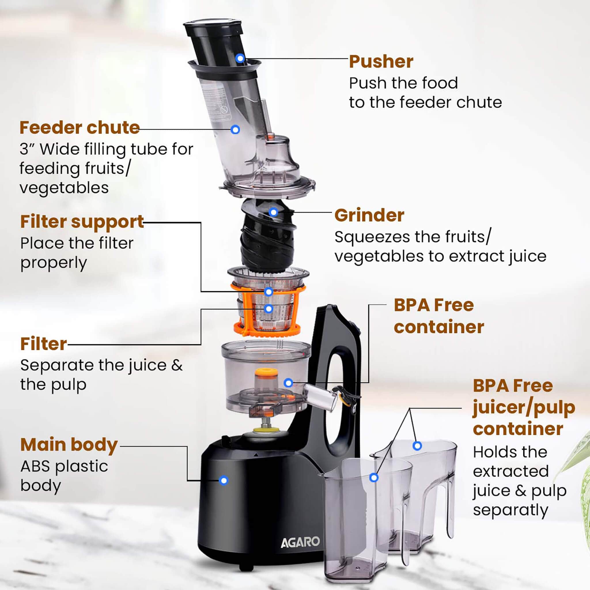 Royal Slow Juicer - Black | Best Cold press Slow juicer with 2 Jars, 3 Strainers - Image 3