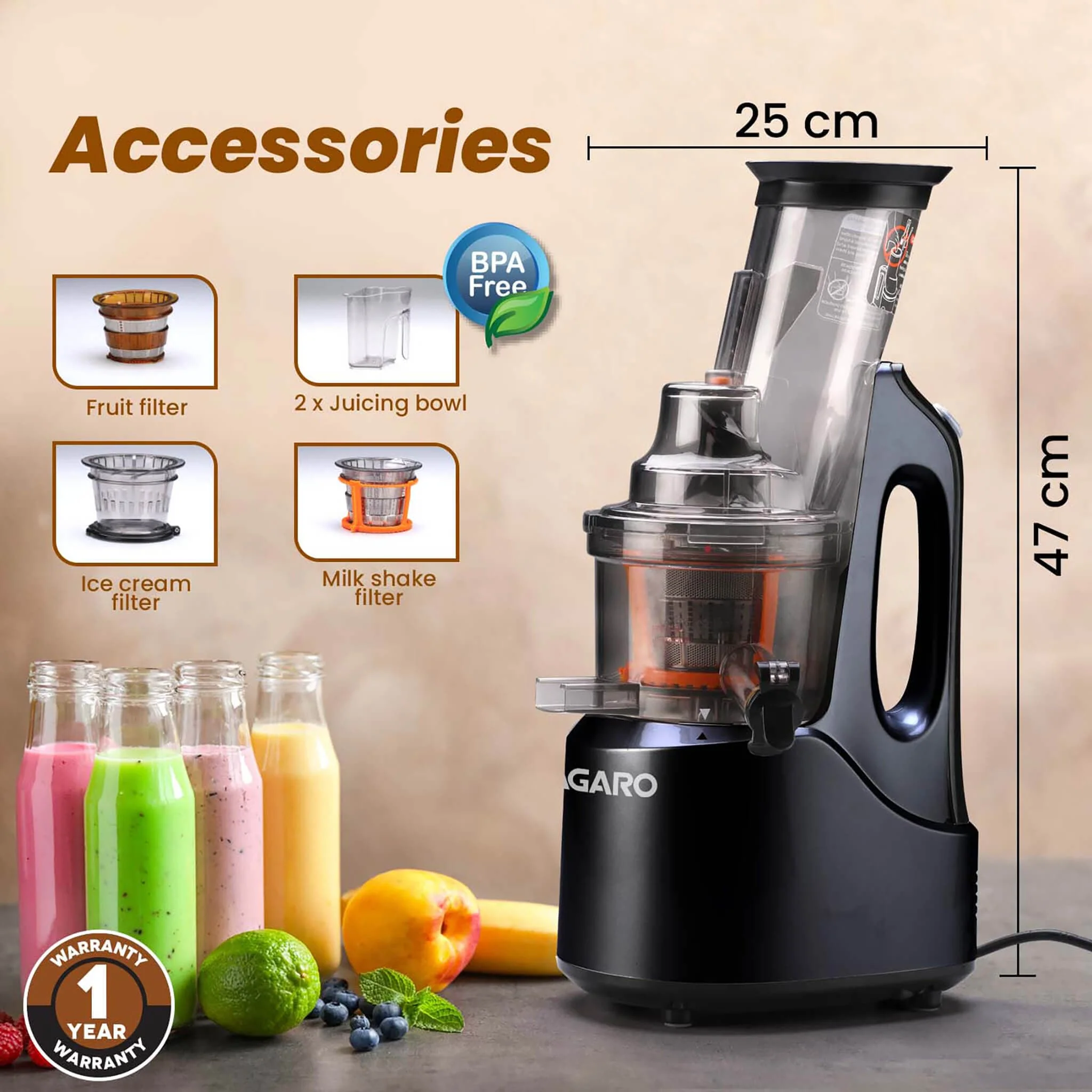 Royal Slow Juicer - Black | Best Cold press Slow juicer with 2 Jars, 3 Strainers - Image 7