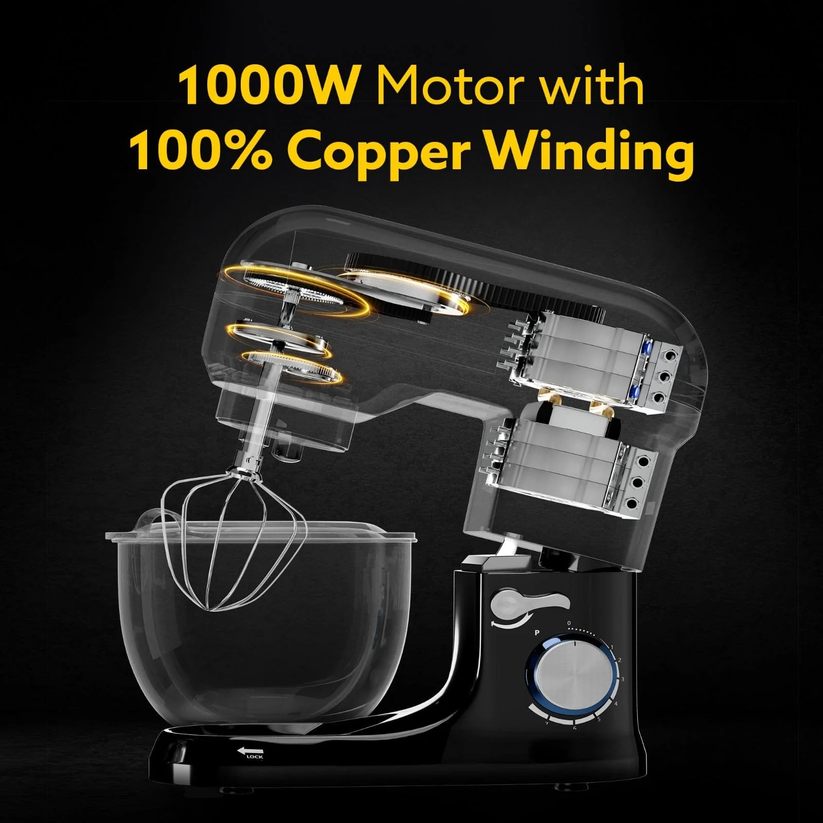 AGARO Royal Stand Mixer 1000W, 100% copper winding, 5L SS Bowl, 8 Speed + Pulse Function - Image 3