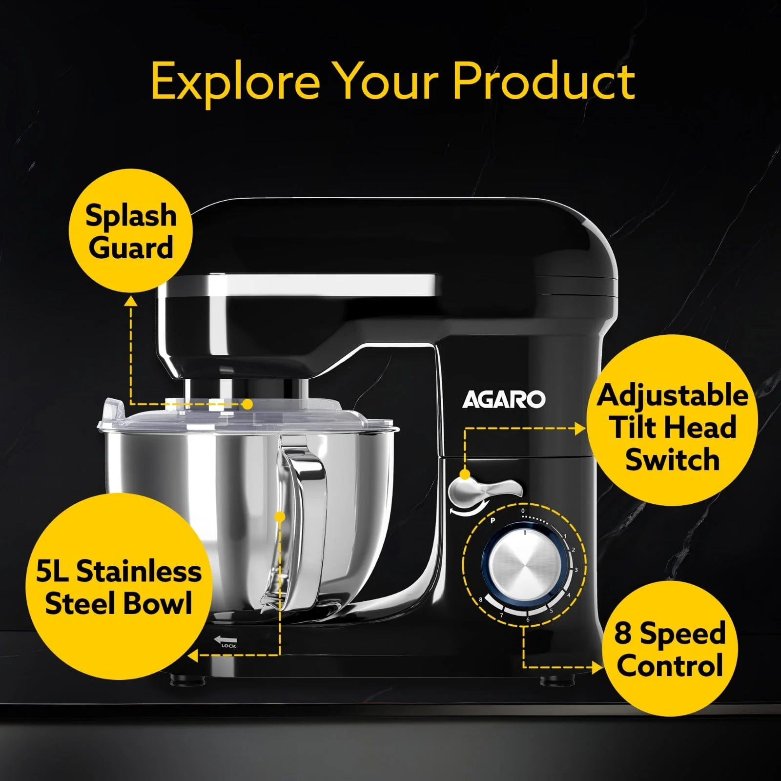 AGARO Royal Stand Mixer 1000W, 100% copper winding, 5L SS Bowl, 8 Speed + Pulse Function - Image 4