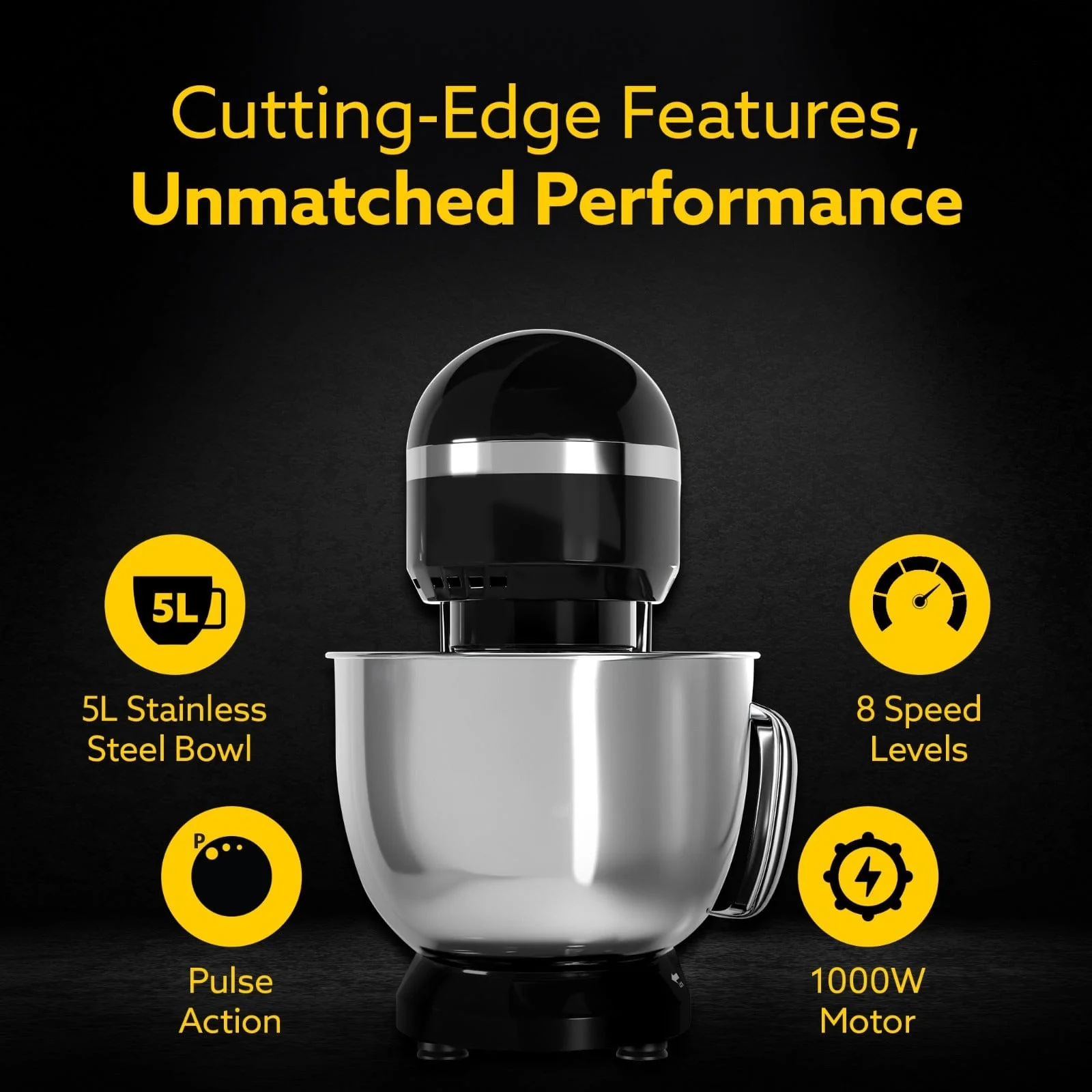 AGARO Royal Stand Mixer 1000W, 100% copper winding, 5L SS Bowl, 8 Speed + Pulse Function - Image 6