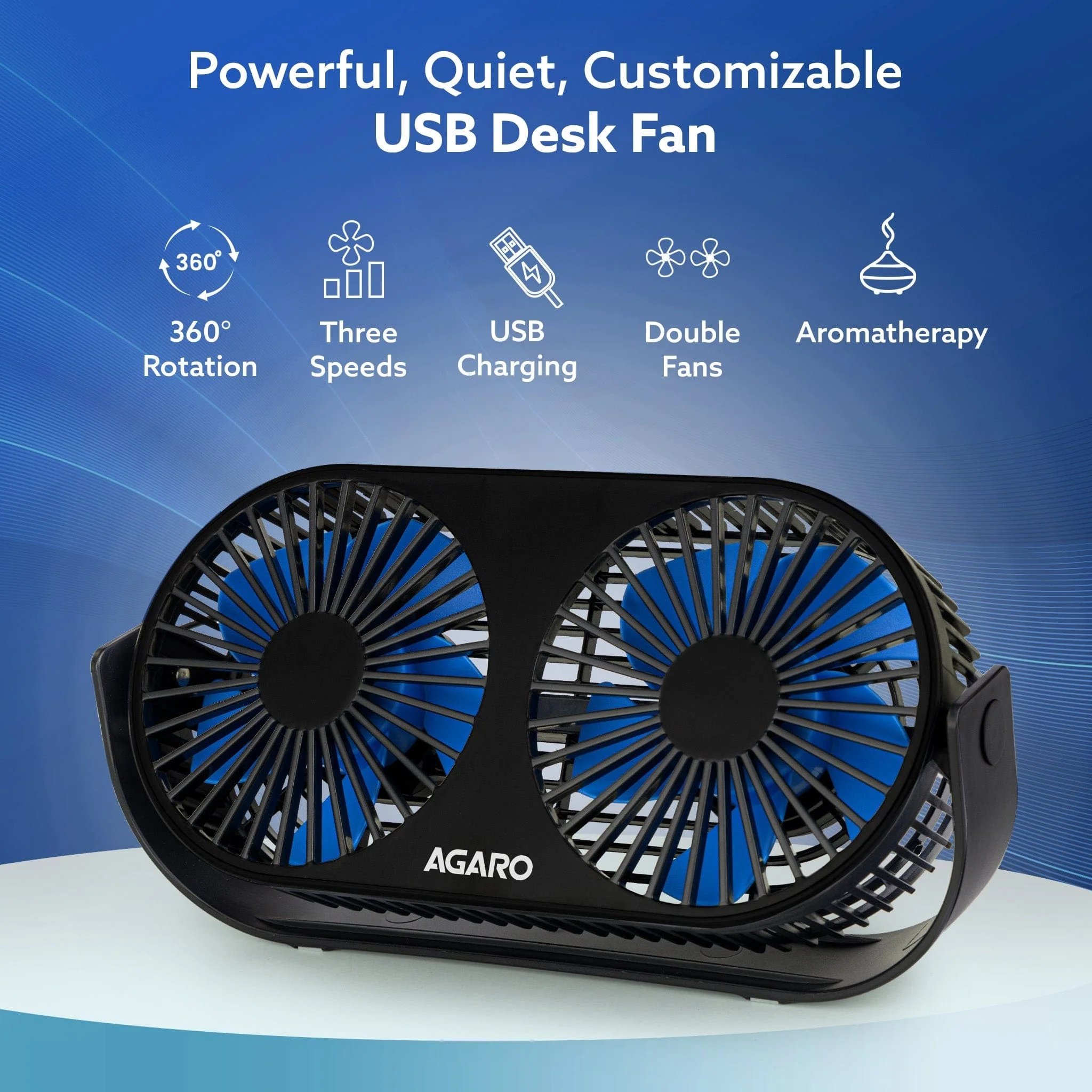 Signify USB Desk Twin Fan, Portable Dual Table Cooling Fan with 5 Blades & 3 Speed Option, USB Powered, Dual Mode, Ultra Quiet, Aromatherapy, Rotatable Table Desk Fan for Home, Office, Black - Image 9