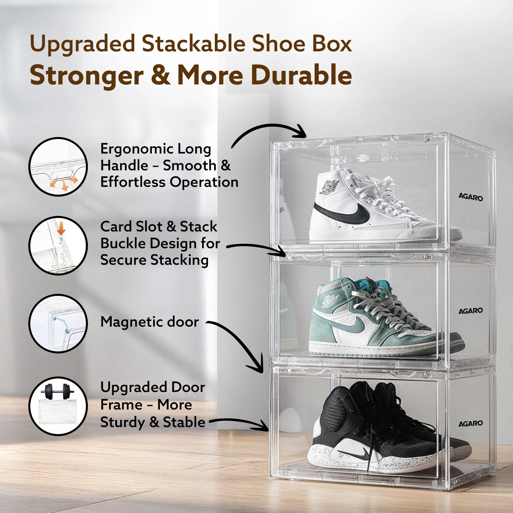Stackable Shoe Storage Box Organizer | Heavy Duty, Transparent, Plastic Sneaker Crates Container with Magnetic Door |Space Saving|Organizer for Men & Women| Fits up to Size UK 12 - Image 15