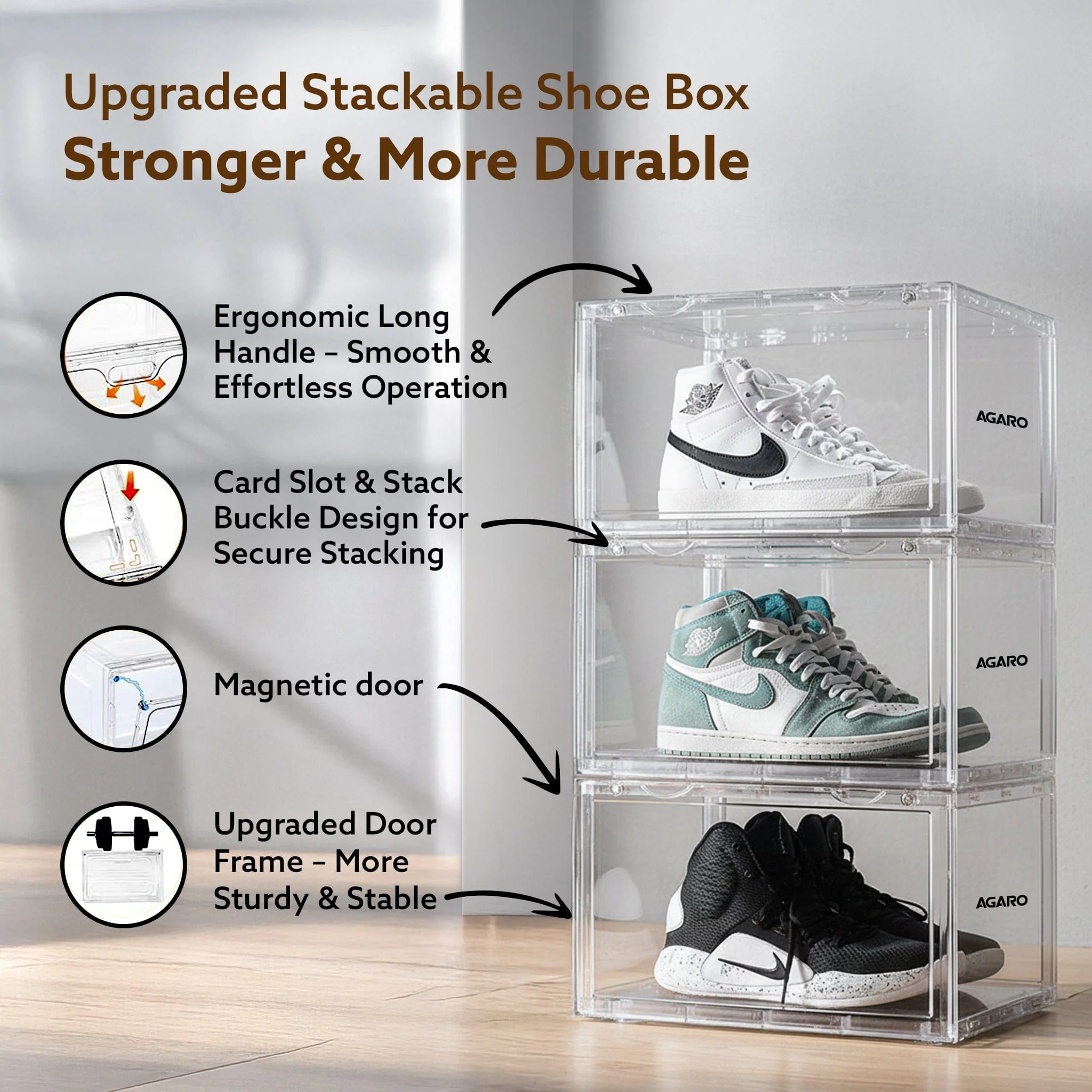 Stackable Shoe Storage Box Organizer | Heavy Duty, Transparent, Plastic Sneaker Crates Container with Magnetic Door |Space Saving|Organizer for Men & Women| Fits up to Size UK 12 - Image 7