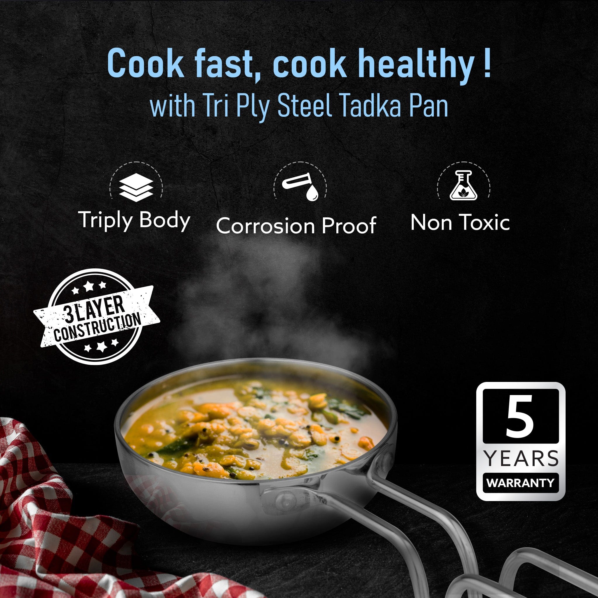Stainless Steel Regency Triply Tadka Pan, 250 ml Capacity, 11 cm Diameter, 2.5 mm Thick Body, Induction & Gas Compatible, Riveted Handle, Silver - Image 2